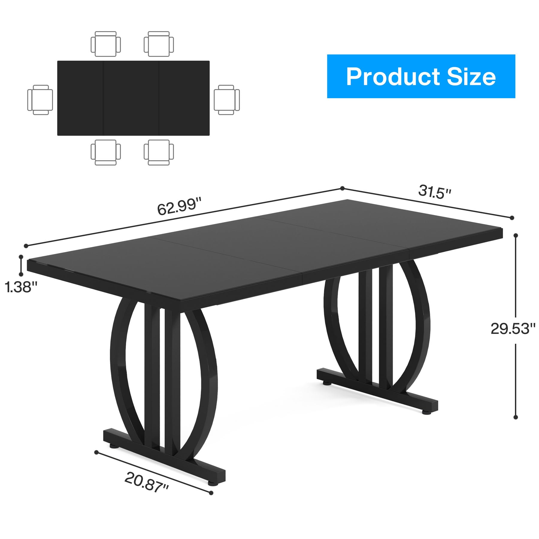 160cm Dining Table for 6, Rectangular Wood Kitchen Table with Heavy-Duty Metal Legs, Modern Black Dinner Table for Home, Dining Room, Small Spaces (63" D x 31.5" W x 29.53" H)