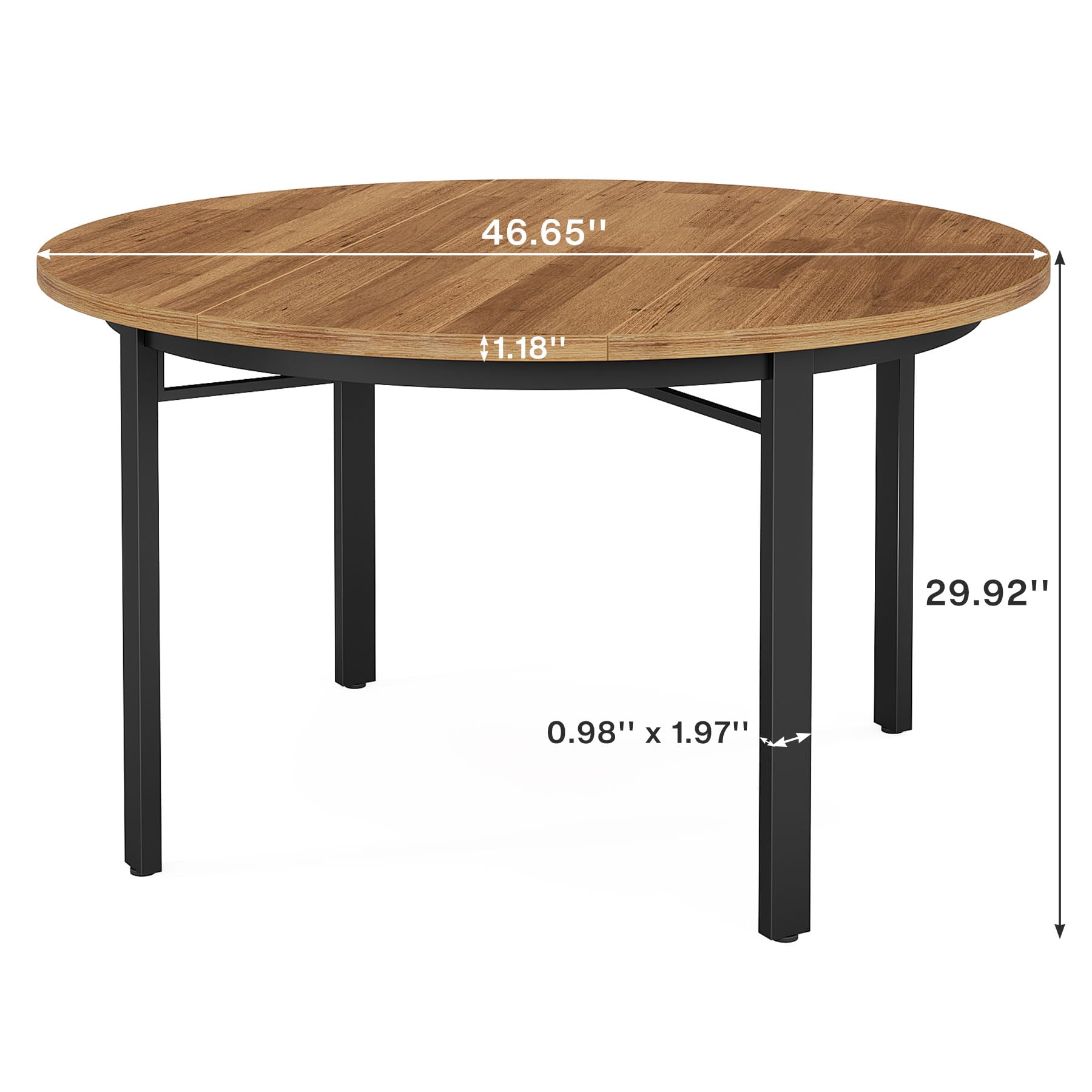 Round Dining Table for 4-6 People, 119cm Farmhouse Kitchen Table Dining Room Table with Solid Metal Legs, Circle Dinner Table for Dining Room, Kitchen, Rustic Brown & Black