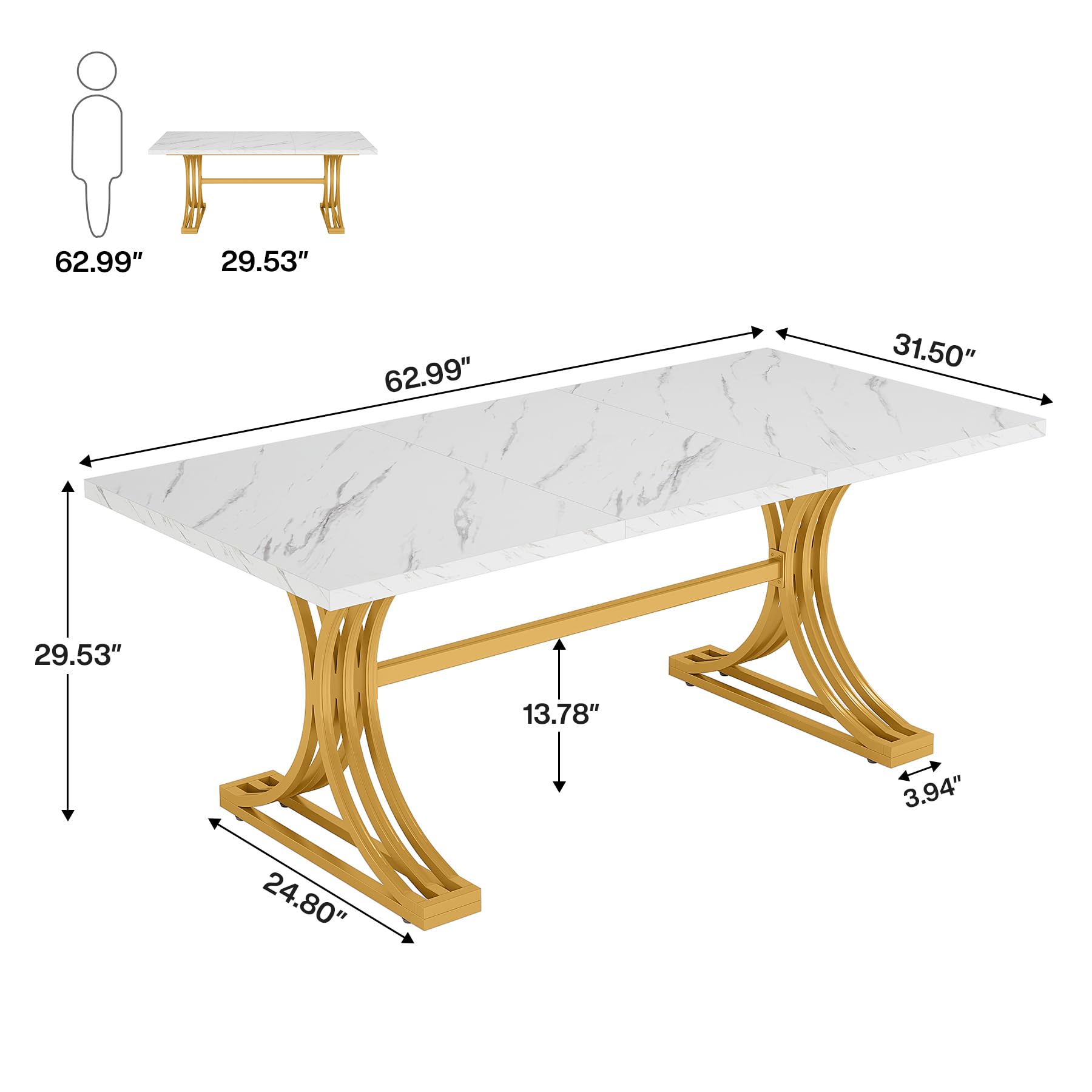 Modern Dining Table with Heavy-Duty Trestle Leg, 180cm Rectangular Kitchen Table for 4, Dinner Table with Faux Marble Table Top, White and Gold （Chair Not Included）