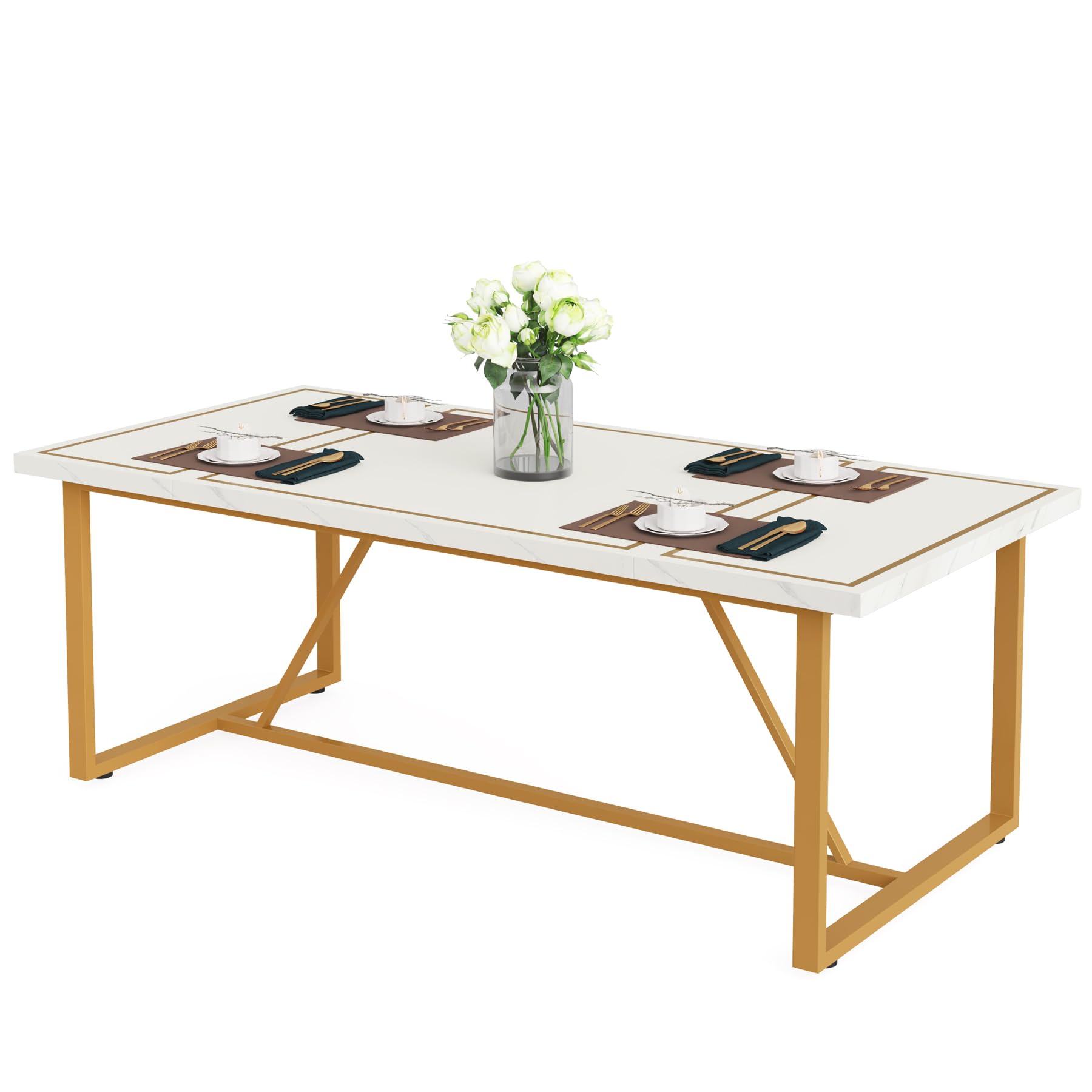 180cm Dining Table for 6 to 8, Modern Kitchen Table Dining Room Table, Rectangle White Dinner Table with Gold Meta Base for Kitchen, Living Room