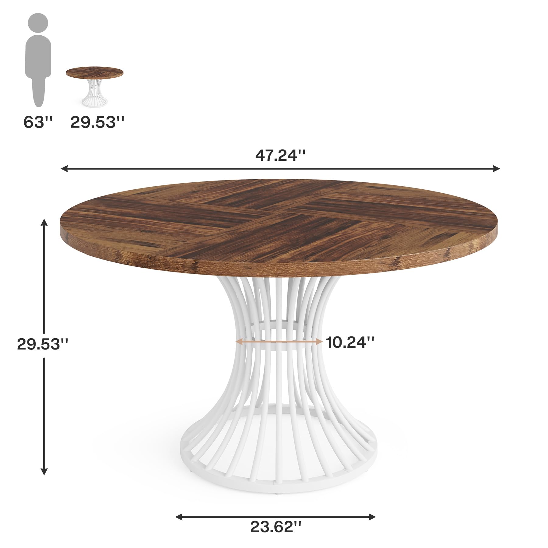 Round Dining Table for 4-6 People, 119cm Farmhouse Dinning Room Table Circle Kitchen Table, Industrial Dinner Table with Metal Base for Kitchen, Living Room, Rustic Brown