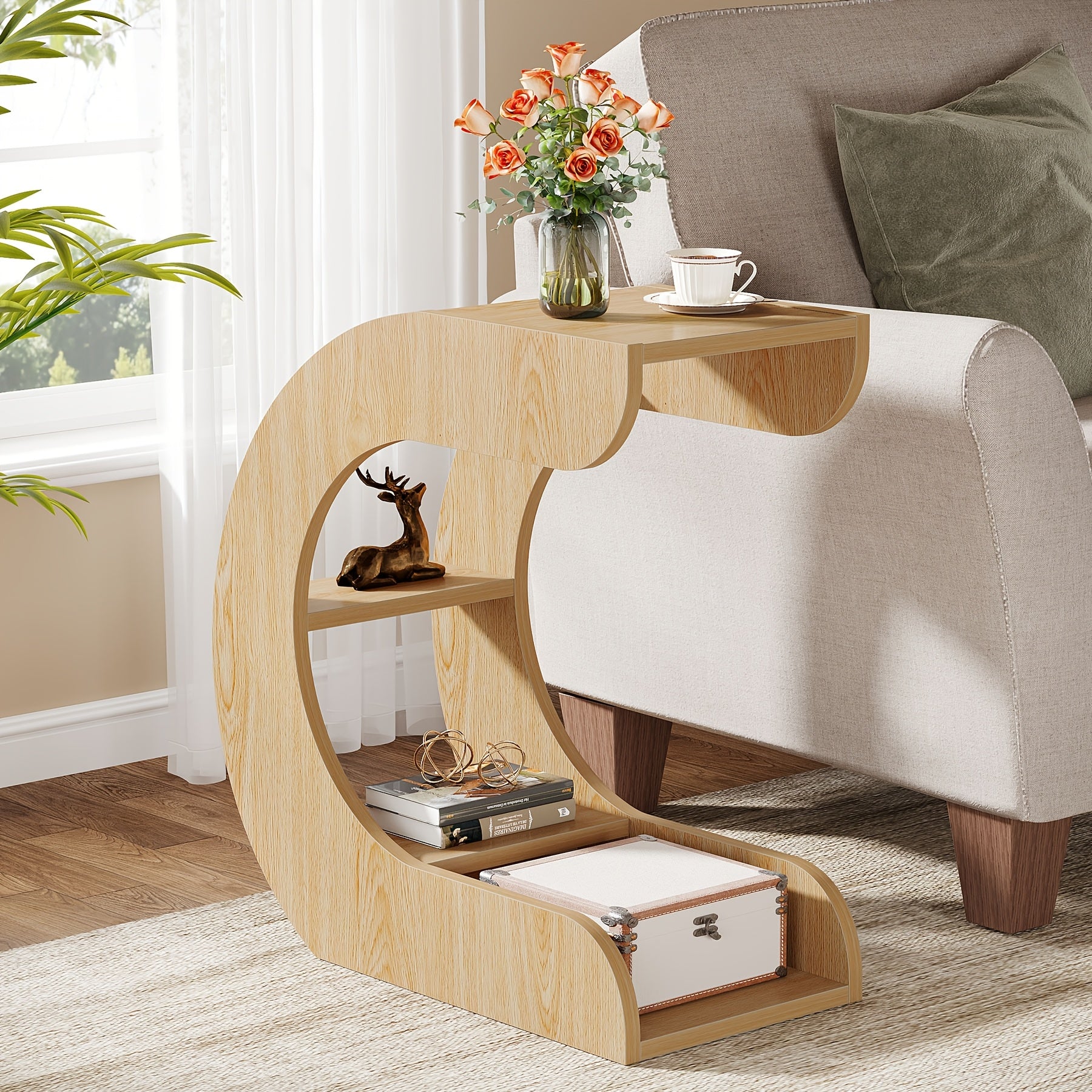 C-Shaped End Table, 4-Tier Side Table with Storage Shelves for Living Room Bedroom, Natural