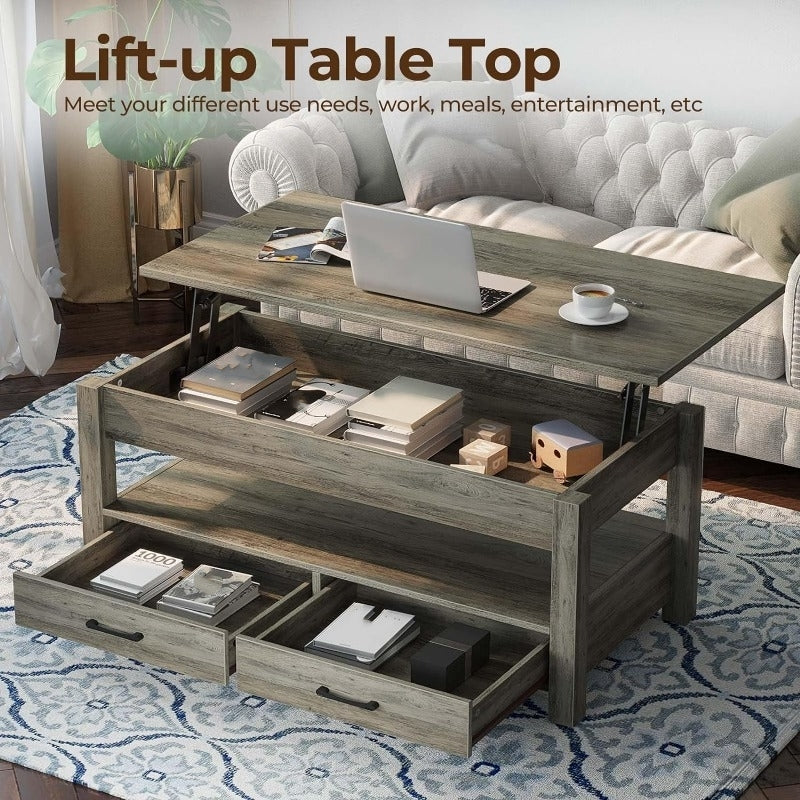 Coffee Table, 120cm Lift Top Coffee Table with Drawers and Hidden Compartment, Retro Central Table with Wooden Lift Tabletop, for Living Room