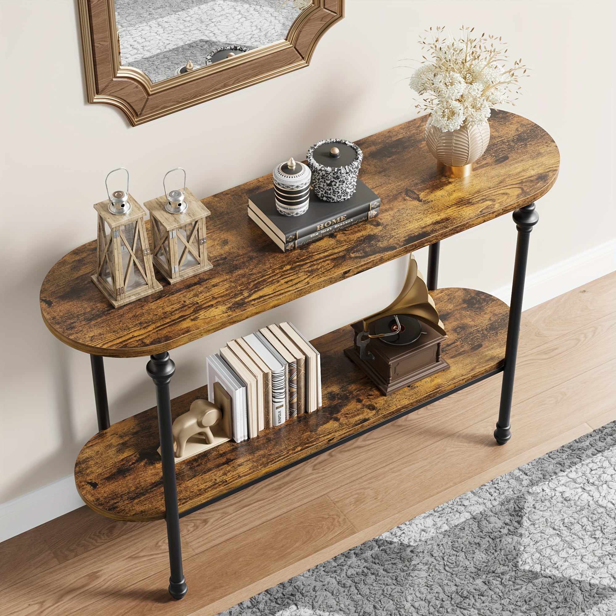 Entryway Table, 43.3" Long Console Table with Storage, 2 Tier Wood Console Table with Metal Frame and MDF, Sofa Tables Behind Couch, Hallway Table for Foyer-Rustic Brown