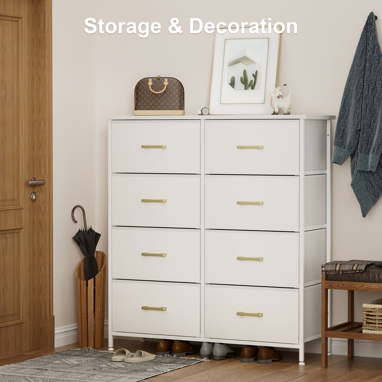 Dresser For Bedroom With 8 Drawers, Chest Of Drawers For Closet, Living Room, Hallway, White Dresser With Sturdy Steel Frame, Fabric Bins, (Glacier White)