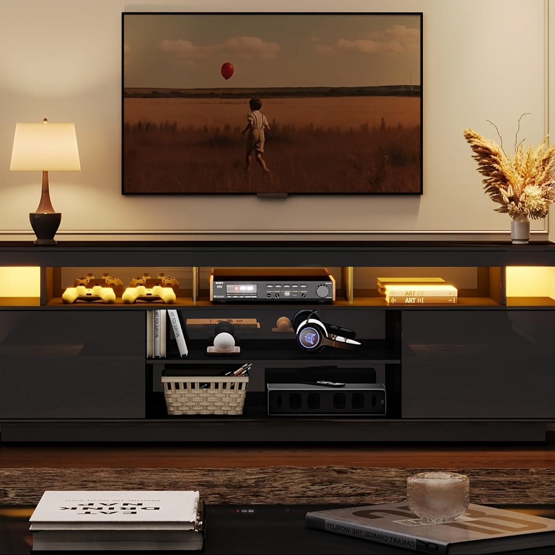 Modern LED TV Stand Console For 127/140/152/165cm TVs High Glossy Entertainment Center With 2 Storage Cabinets For Game