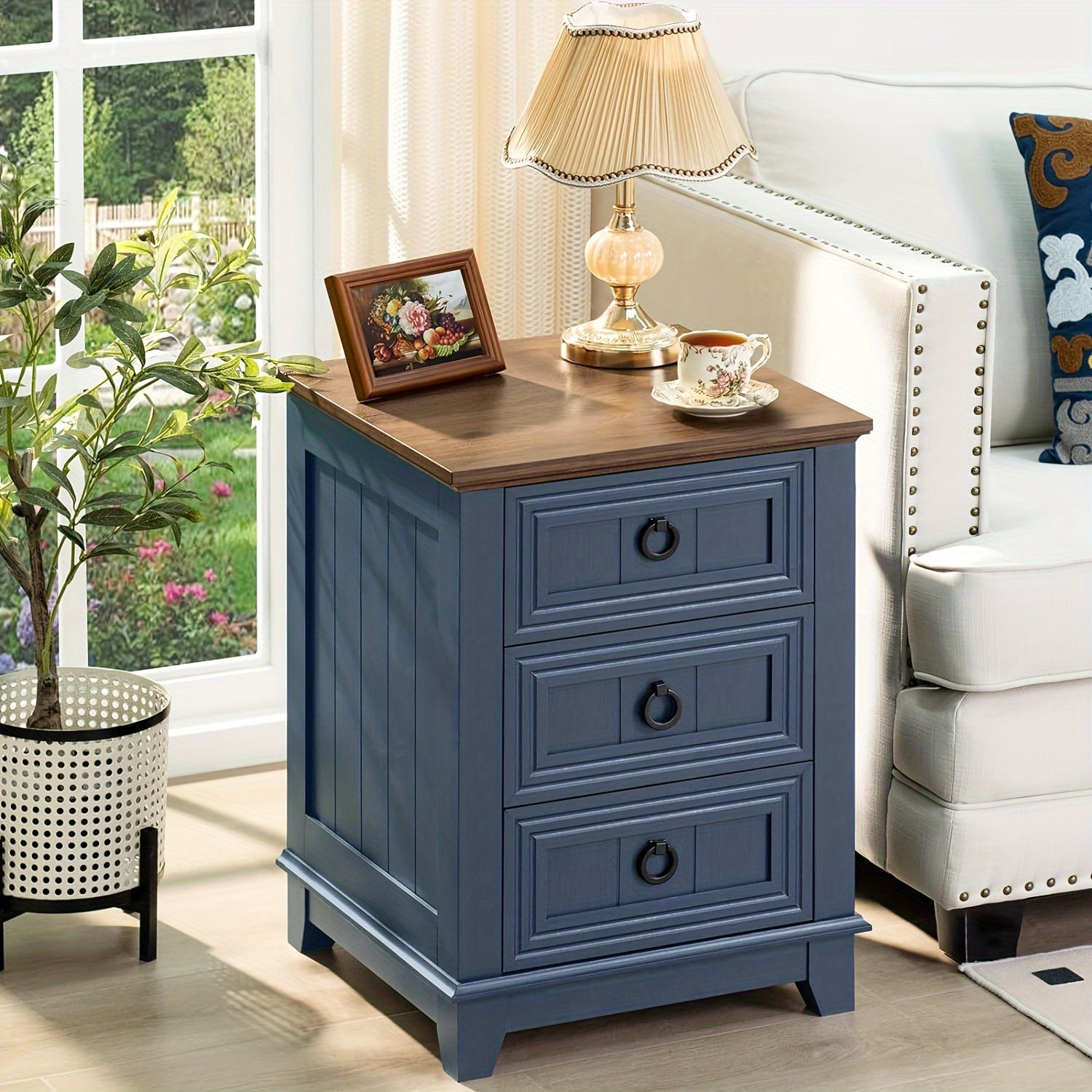 Farmhouse Nightstand, 18 Inch End Table With 3 Drawer Metal Handle, Dresser For Bedroom, Sofa Bed Side Table Chest Of Drawers, Wood Night Stand Cabinet For Organizer, Living Room - Navy Blue