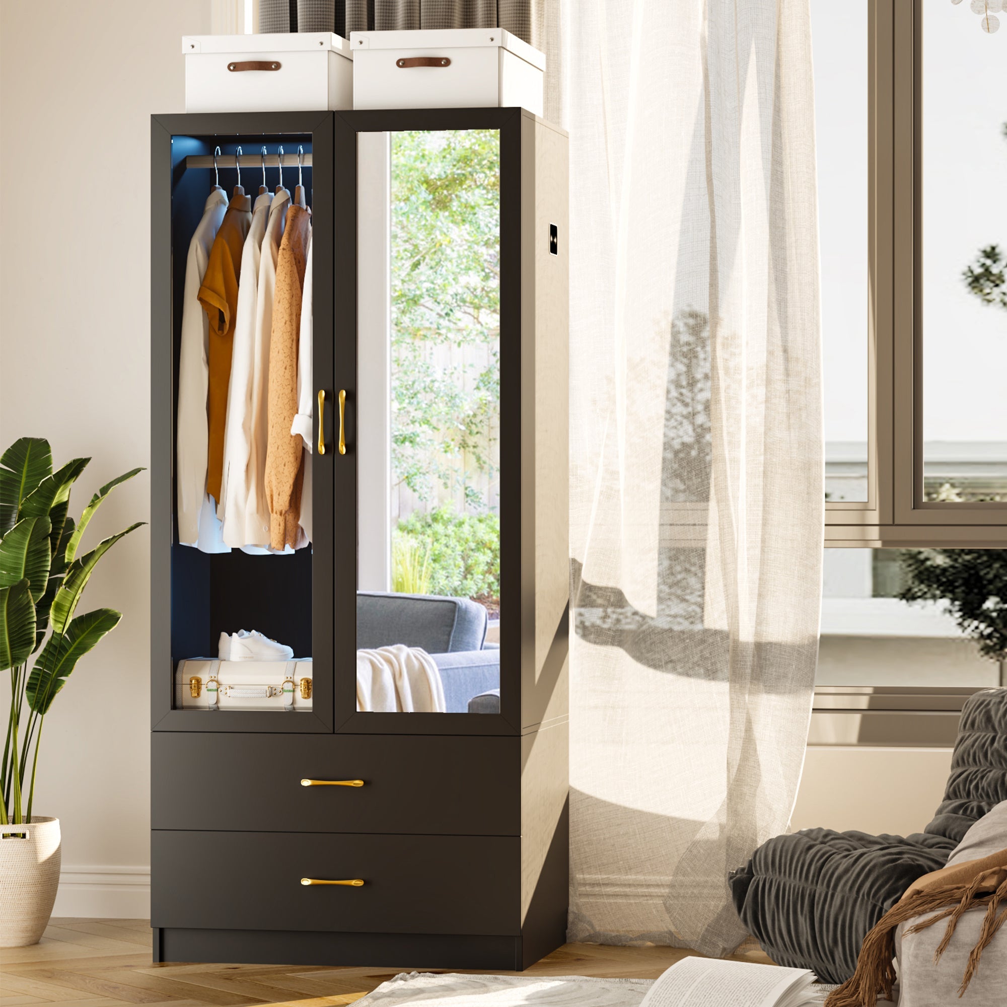 71’’ Elegant White Bedroom Armoire Wardrobe with Mirror - Dual-Door LED Closet Featuring 3-Color Dimmable Lighting