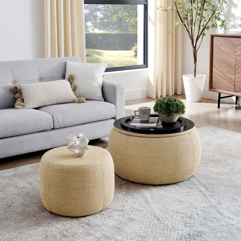 Round Storage Ottoman Woven rattan fabric Ottoman 2 in 1 Function Work as End table and Ottoman with small seat-nature 25"x25"x14.7"