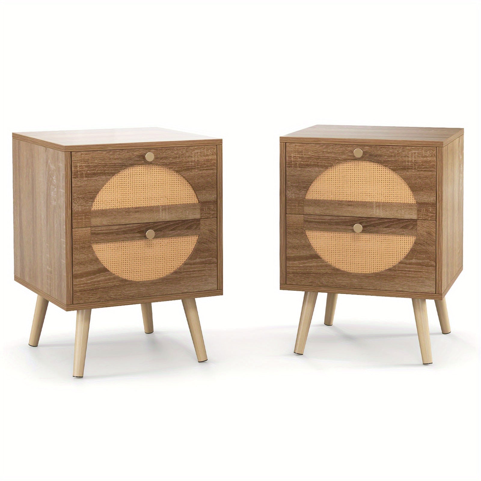 2pcs Rattan Nightstand w/ 2 Drawers Bohemian Style Side End Table w/ Solid Wood Legs Compact Wood Coffee Table Home