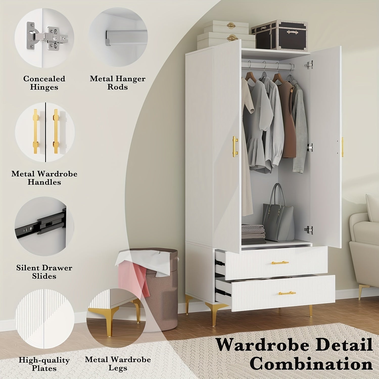 Wood White Wardrobe Closet With Drawers: 2 Doors - 2 Drawers And Armoire With Hanging 1 Rod - Cabinet Handle With Metal