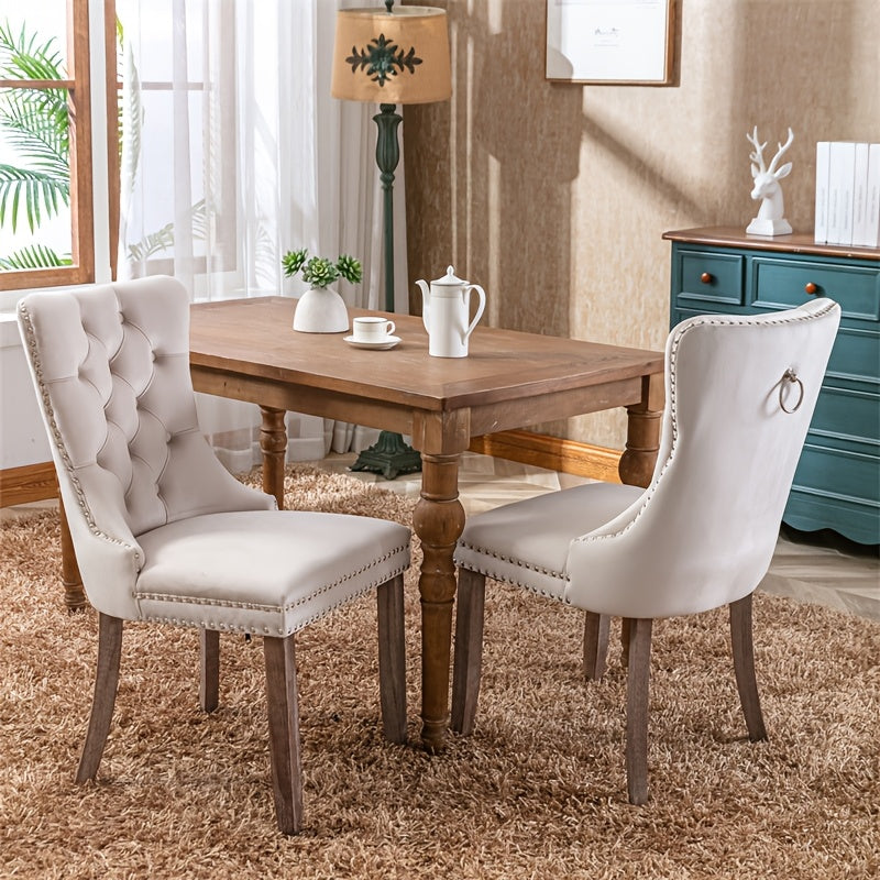 Beige Velvet Dining Chair - Set Of Two Elegant Plush Solid Wood Nail Head Decoration Contemporary SW2001BG - Beige