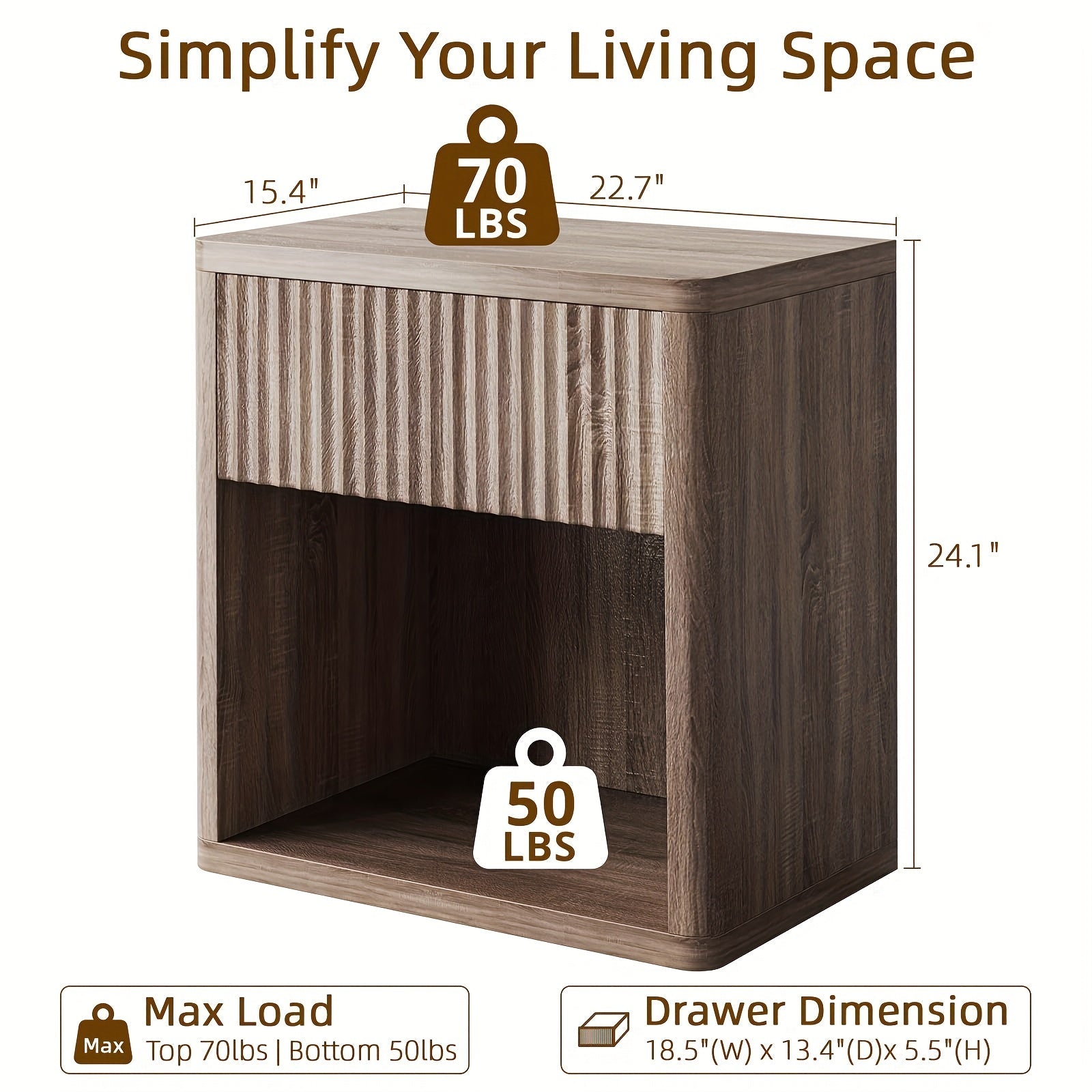 Modern Nightstands Set Of 2 Fluted End Table with Drawer Sofa Side Table for Small Spaces Wooden Bedside Table