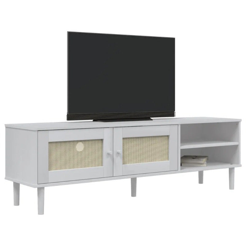 1pc Faxdong Modern White TV Stand with Rattan Look, Solid Wood Pine Construction, 62.2"x15.7"x19.3" for Home Entertainment Center