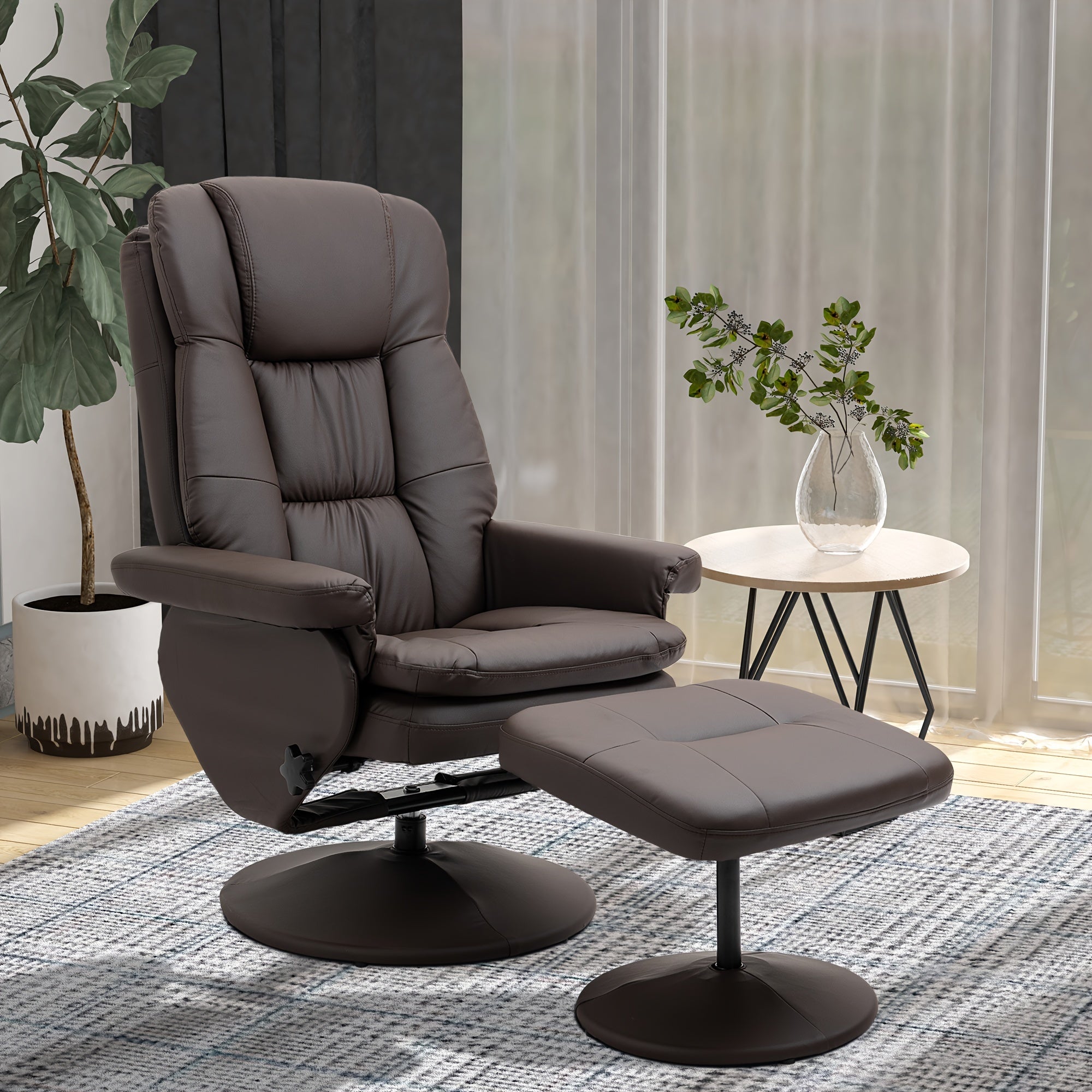 Swivel Recliner with Ottoman, PU Leather Reclining Chair with Ottoman, Upholstered Recliner and Footrest with Wrapped Base for Living Room, Bedroom and Home Office, Brown