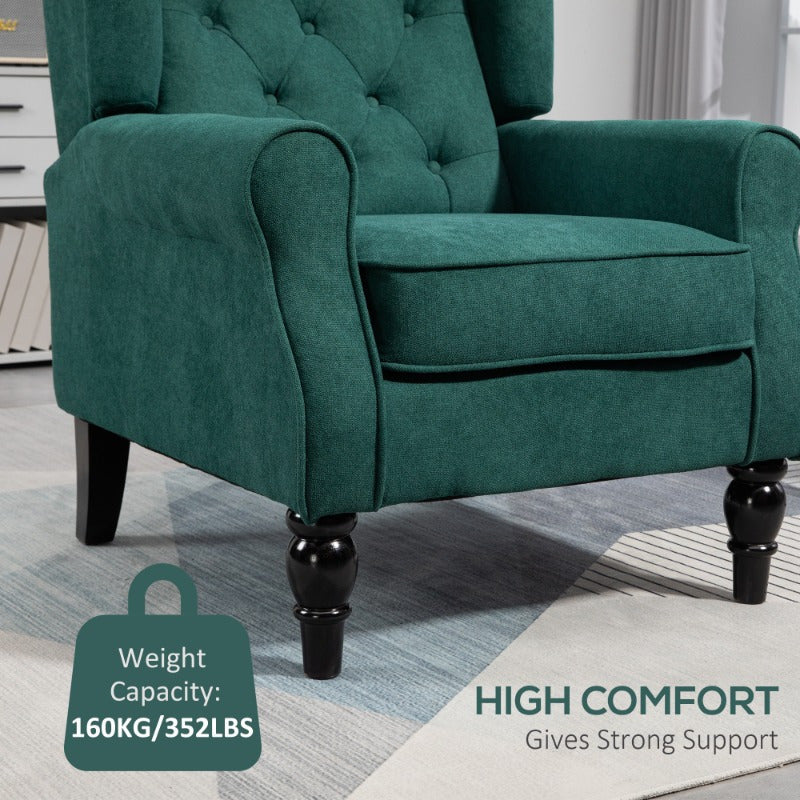 Button-Tufted Accent Chair with High Wingback, Rounded Cushioned Armrests and Thick Padded Seat, Dark Green