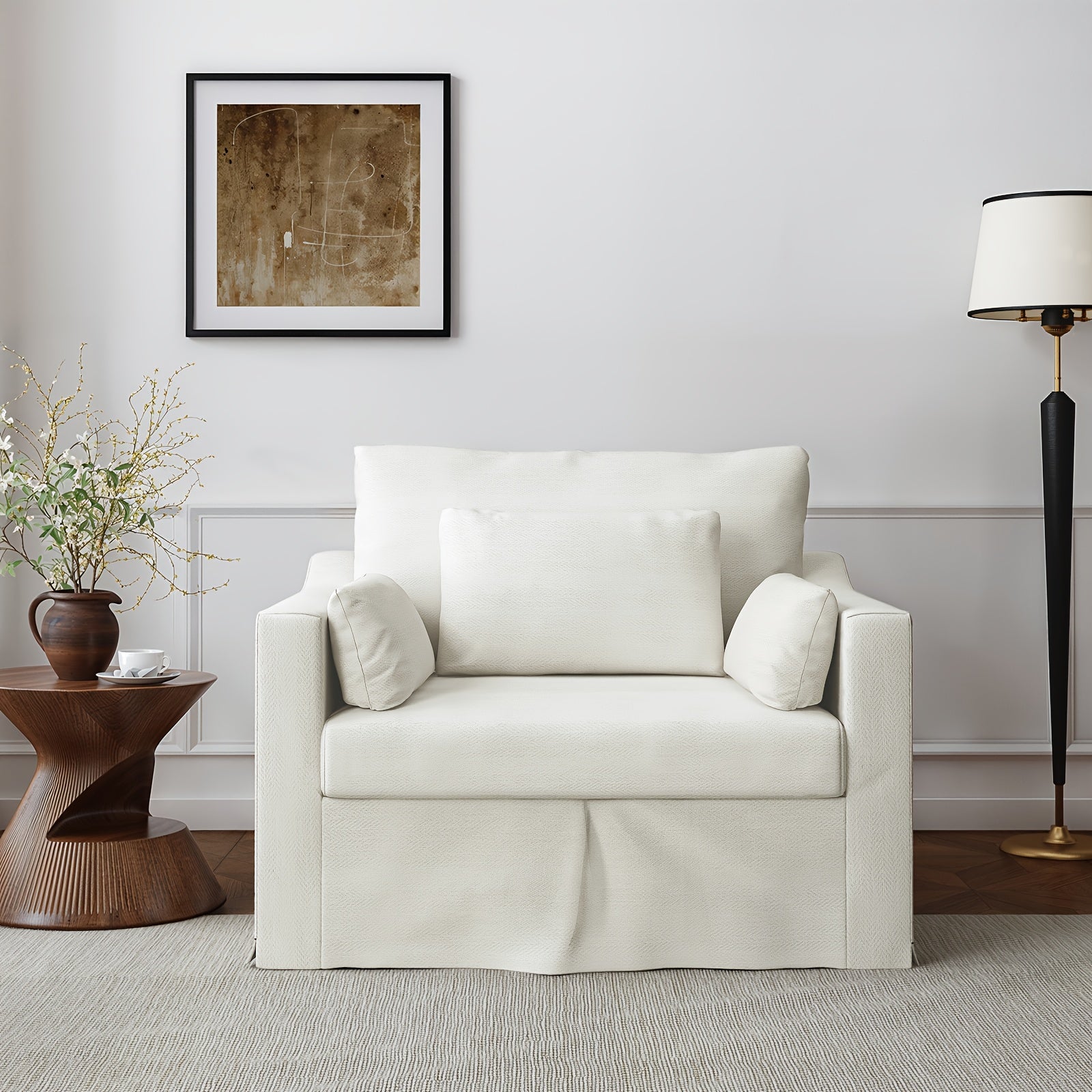 Elegant Modern Oversized Accent Chair, 42" Wide - White Slipcover Sofa with 3 Accent Pillows, Deep-Seated Armchair with Pocket Spring Cushion, Slanted Arms - Ideal for Living Room Elegance, Living Room Furniture