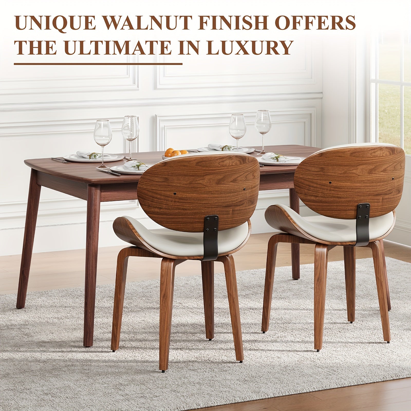 Set Of 4 Mid-Century Modern Dining Chairs Faux Leather Seats With Walnut Bentwood Backs And Adjustable Solid Wood Legs