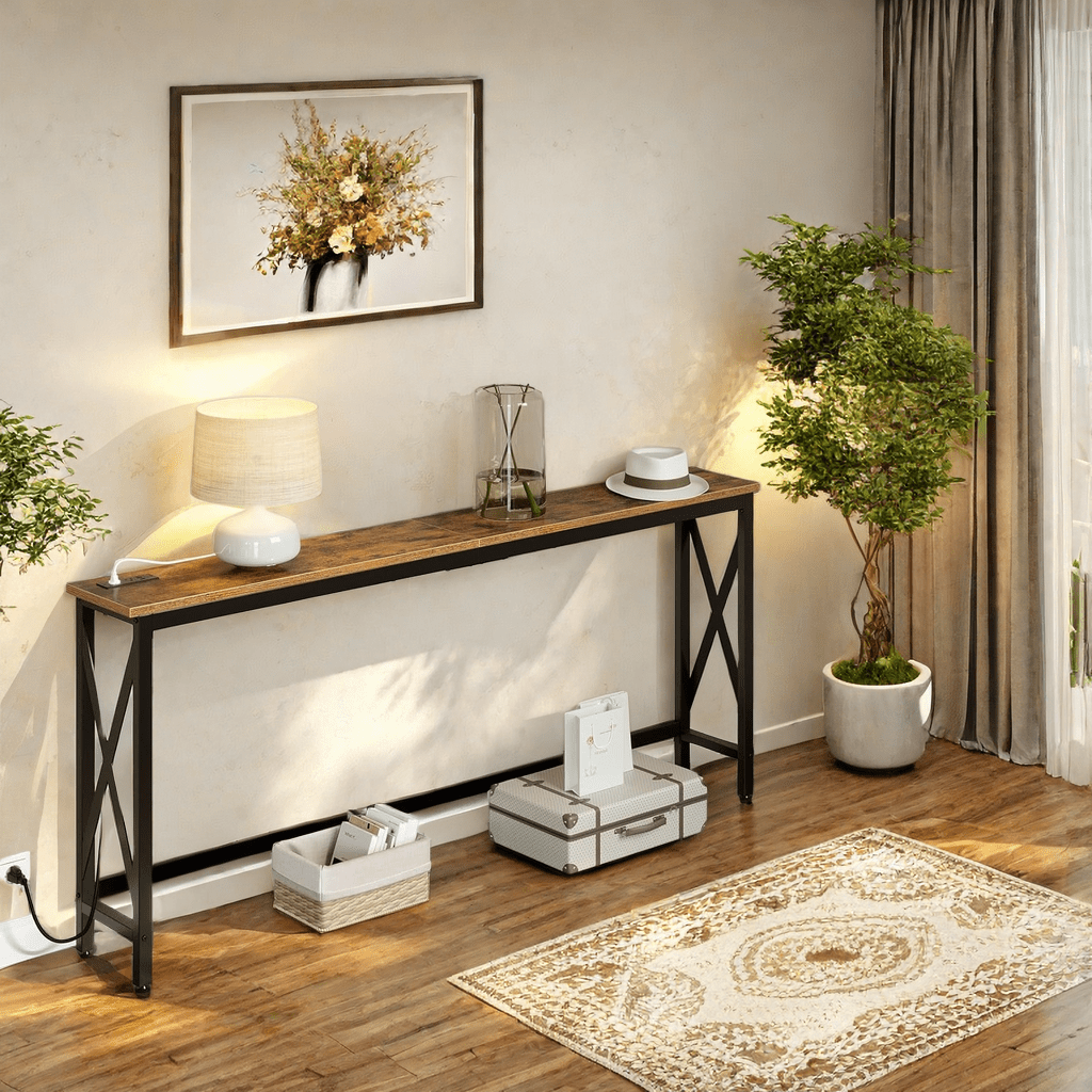 55.1/70.8 Inch Console Table with Outlet, Sofa Table with Charging Station, Industrial Entryway Table, Narrow Entryway Table, Skinny Hallway Table, Behind Couch Table, Behind Couch Table for Entryway, Hallway, Foyer, Living R