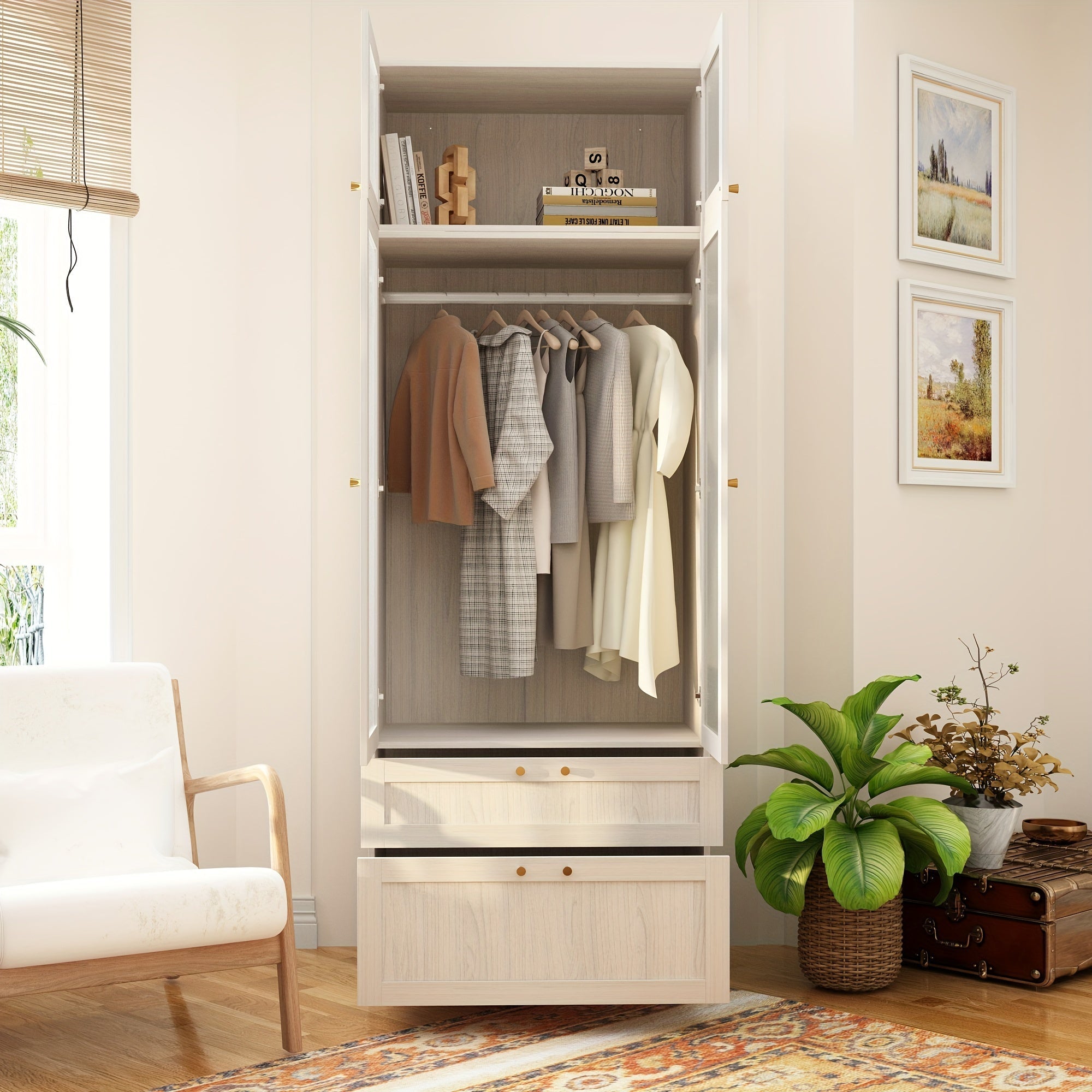 1pc Wardrobe Closet With Frosted Glass Doors, Hanging Bar & 2 Drawers, Bedroom White Wooden Closet Storage Cabinet, 31.5X19.88X70.87inch, Frosted Glass Appears To Be Transparent But Not Transparent, With A Top Cabinet, Side C