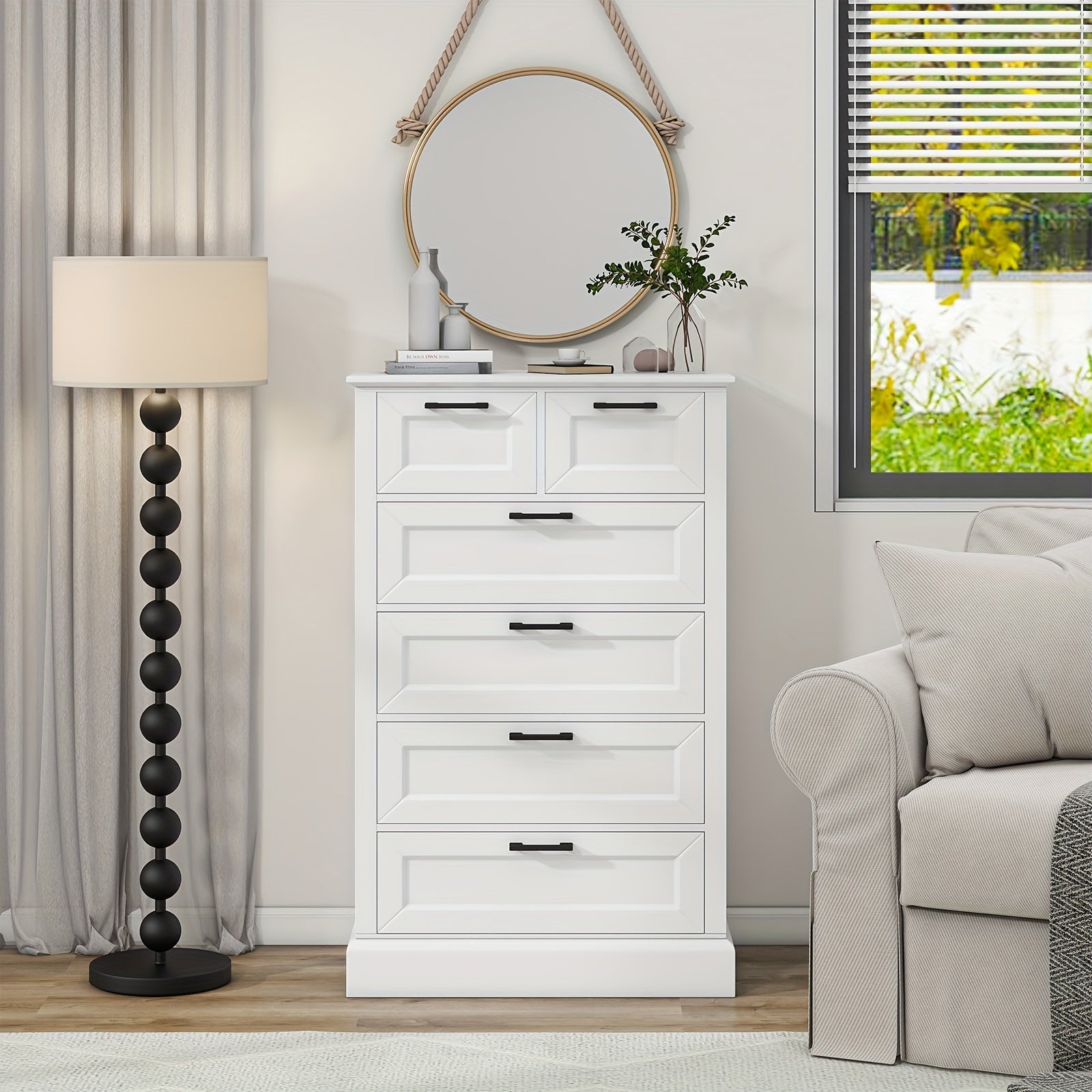 White 6 Drawer Dresser, 47'' Tall Modern Vertical Chest Of Drawers With Painted Wood, Storage Dressers For Bedroom, Living Room, Hallway, Entryway, White