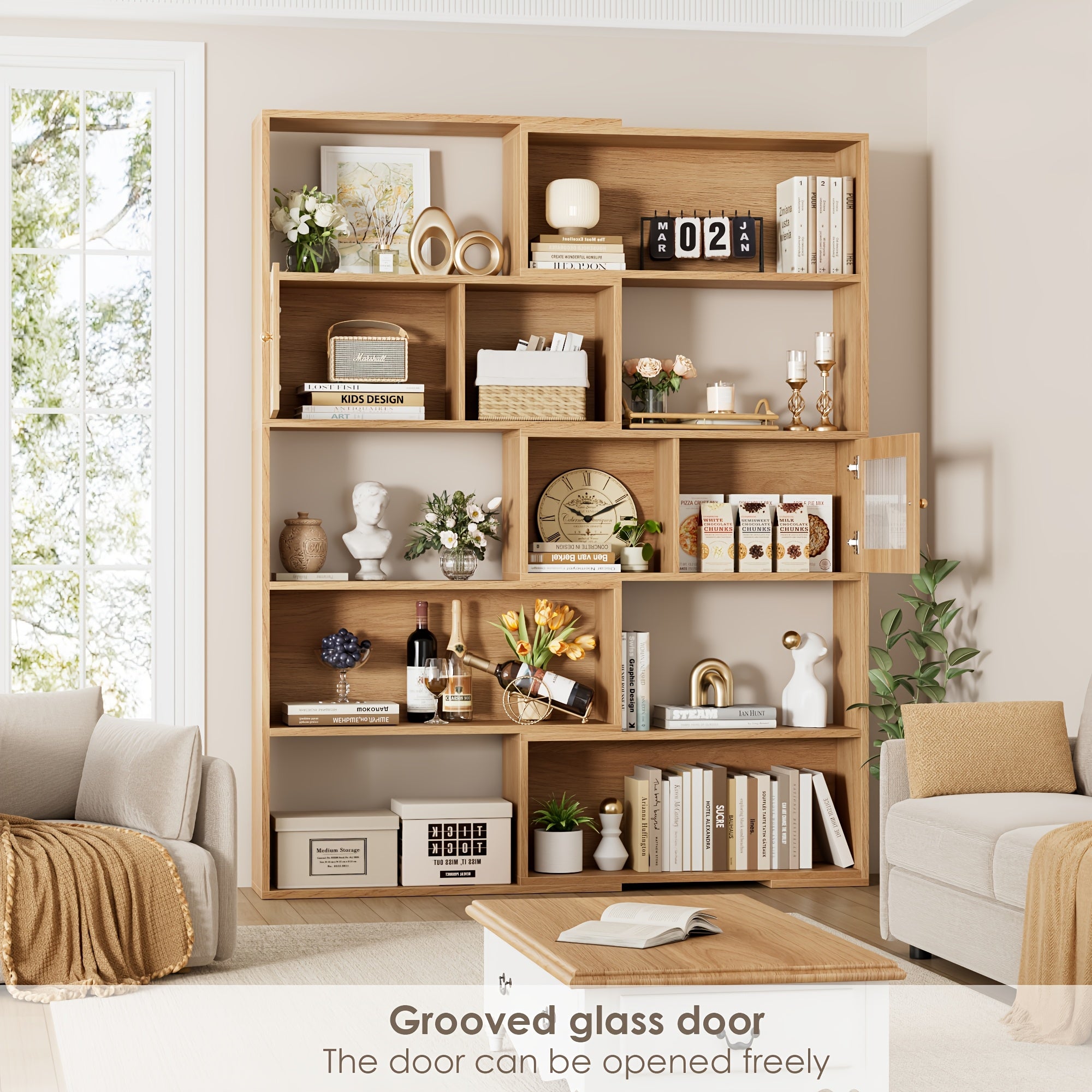 Reversible Wood Grain Bookshelf with Doors - 60.6’’ Tall Spacious Storage for Living Room Home Office Library - Wood