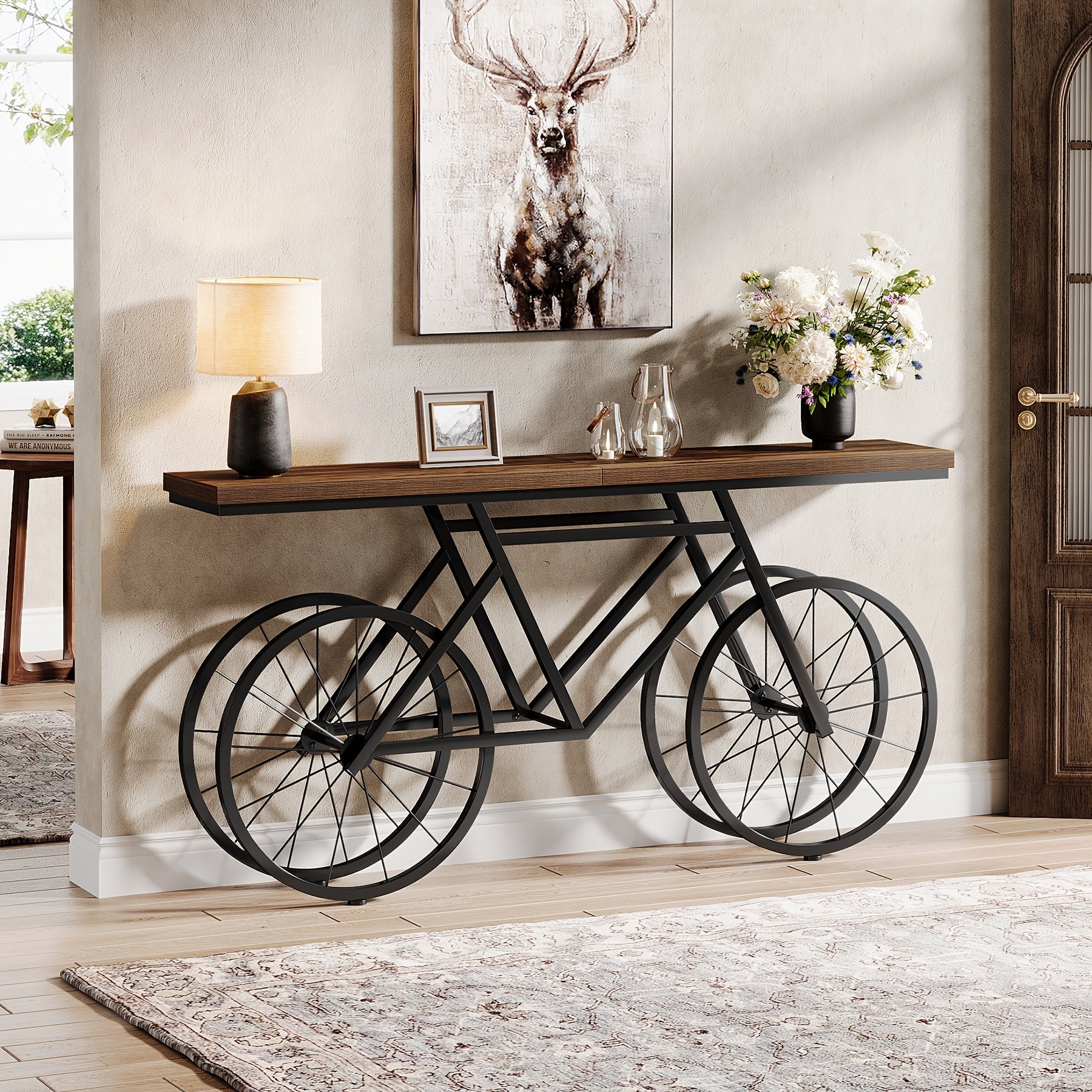 70.9-Inch Farmhouse Extra Long Console Table, Modern Narrow Sofa Table With Bicycle Metal Base, Industrial Entryway Accent Tables Behind Couch Table For Living Room, Bedroom, Hallway, Entrance, Foyer, Rustic Brown, Christmas