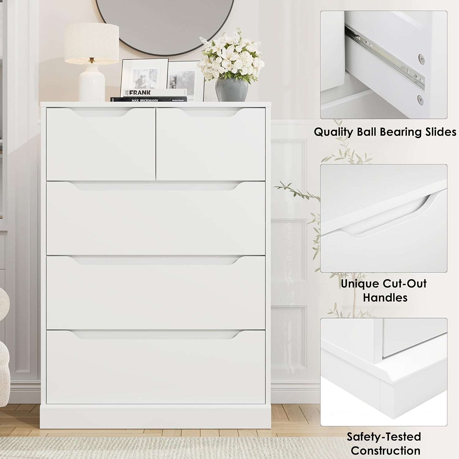5 Drawer Dresser For Bedroom Chest Of Drawers With Storage Storage Chest Organizers With Cut-Out Handles Accent Storage