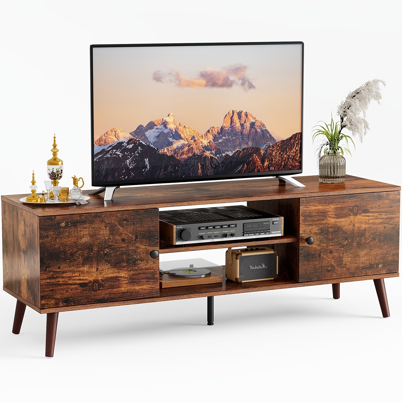 1pc Mid-Century Modern TV Stand with Cable Management Hole, Hardwood and Artificial Board Construction, Spacious Storage for Home and Office Use