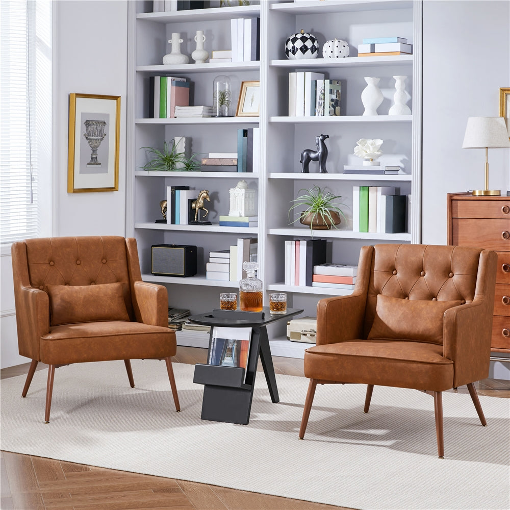 Accent Chair, Living Room Chair Mid Century PU Leather Armchair Lumbar Pillow Reading Chair