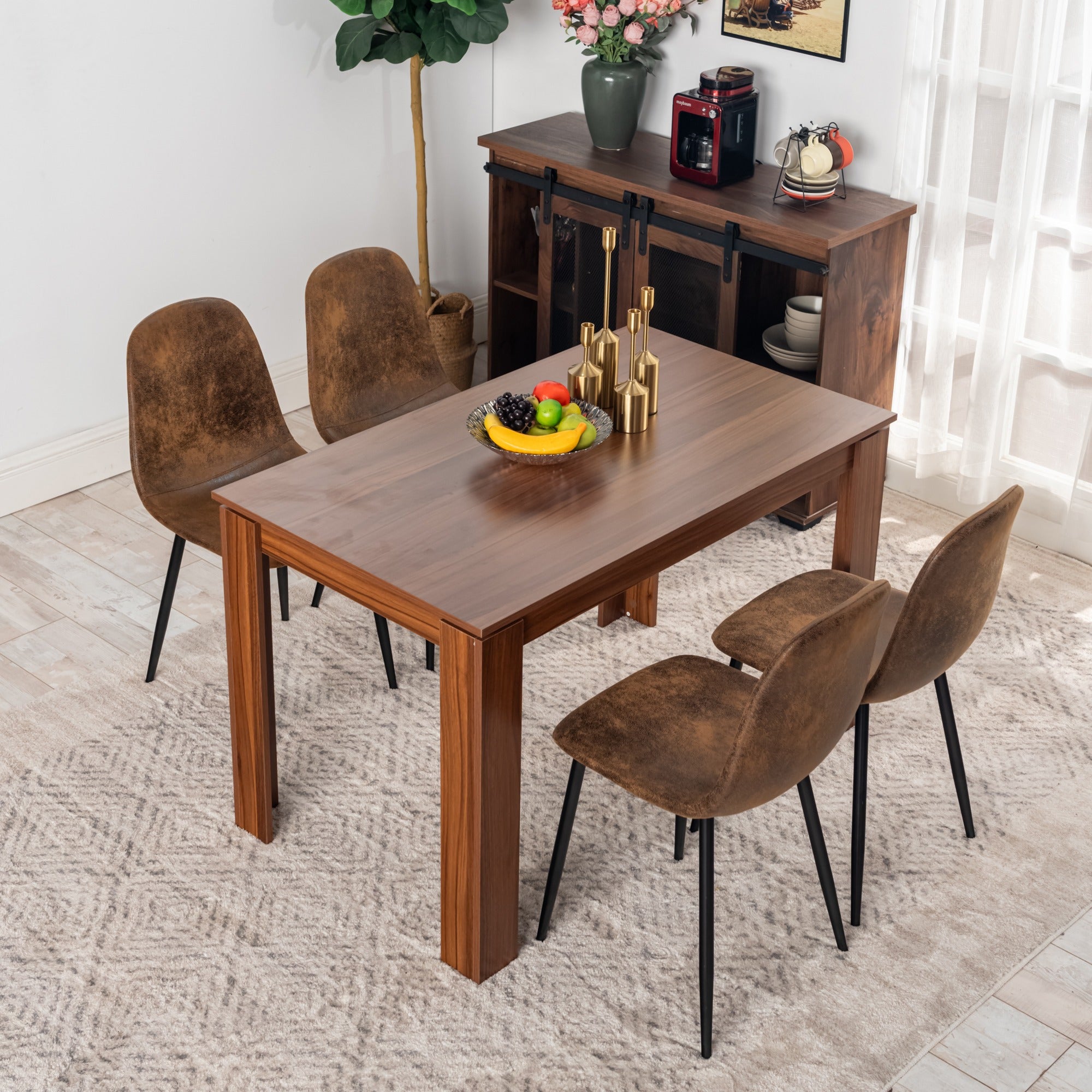 5-Piece Dining Set for 4 – 47.2'' Rectangular Wooden Table & 4 Suede Chairs, Space-Saving Mid-Century Modern Kitchen & Dining Room Furniture