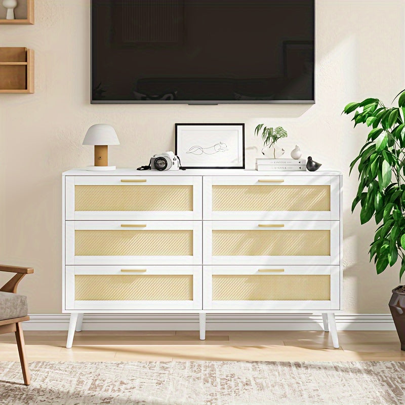 Elegant White Rattan 6-Drawer Dressing Table with Golden Handles | Modern Storage Cabinet with Textured Front Panels | Ample Organizer for Bedroom, Living Room & Hallway | Stylish & Practical, Room Accessories