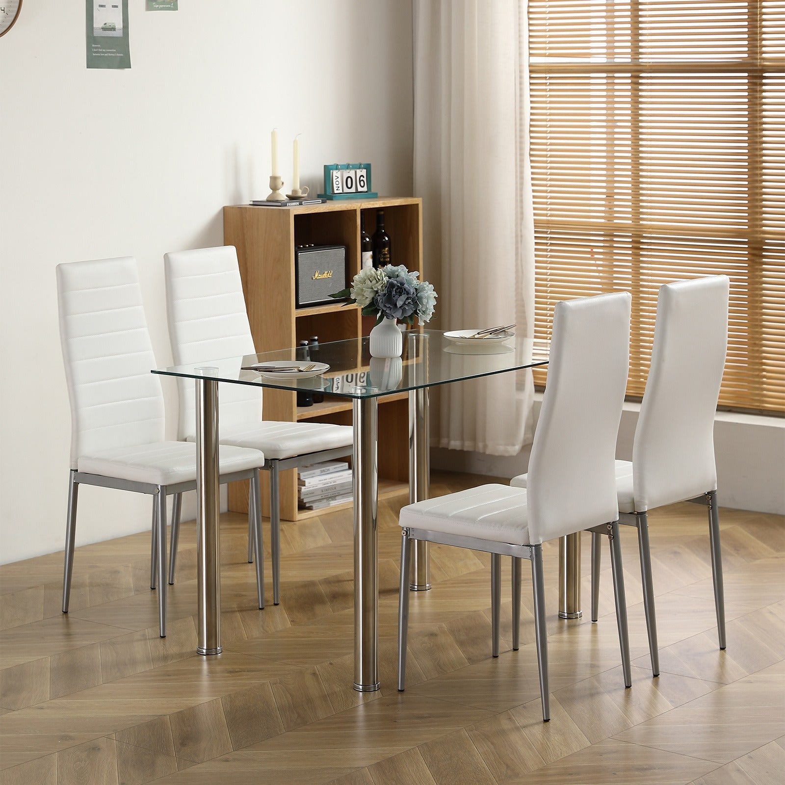 Modern Dining Table Set with 1 Glass Dining Table and 4 Leather Chairs, 5pcs Dining Table Set for Kitchen & Breakfast Dining Living Room, Space Saving