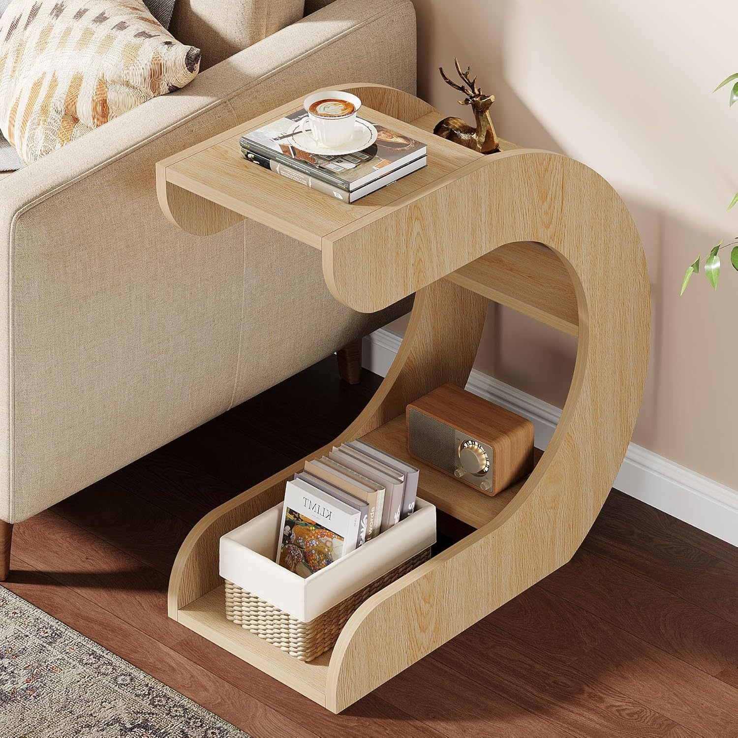 1pc Contemporary Arc-Shaped Wooden Side Table with Multi-Level Storage, Space-Saving Design, Ideal for Living Room Furniture and Christmas Gifts