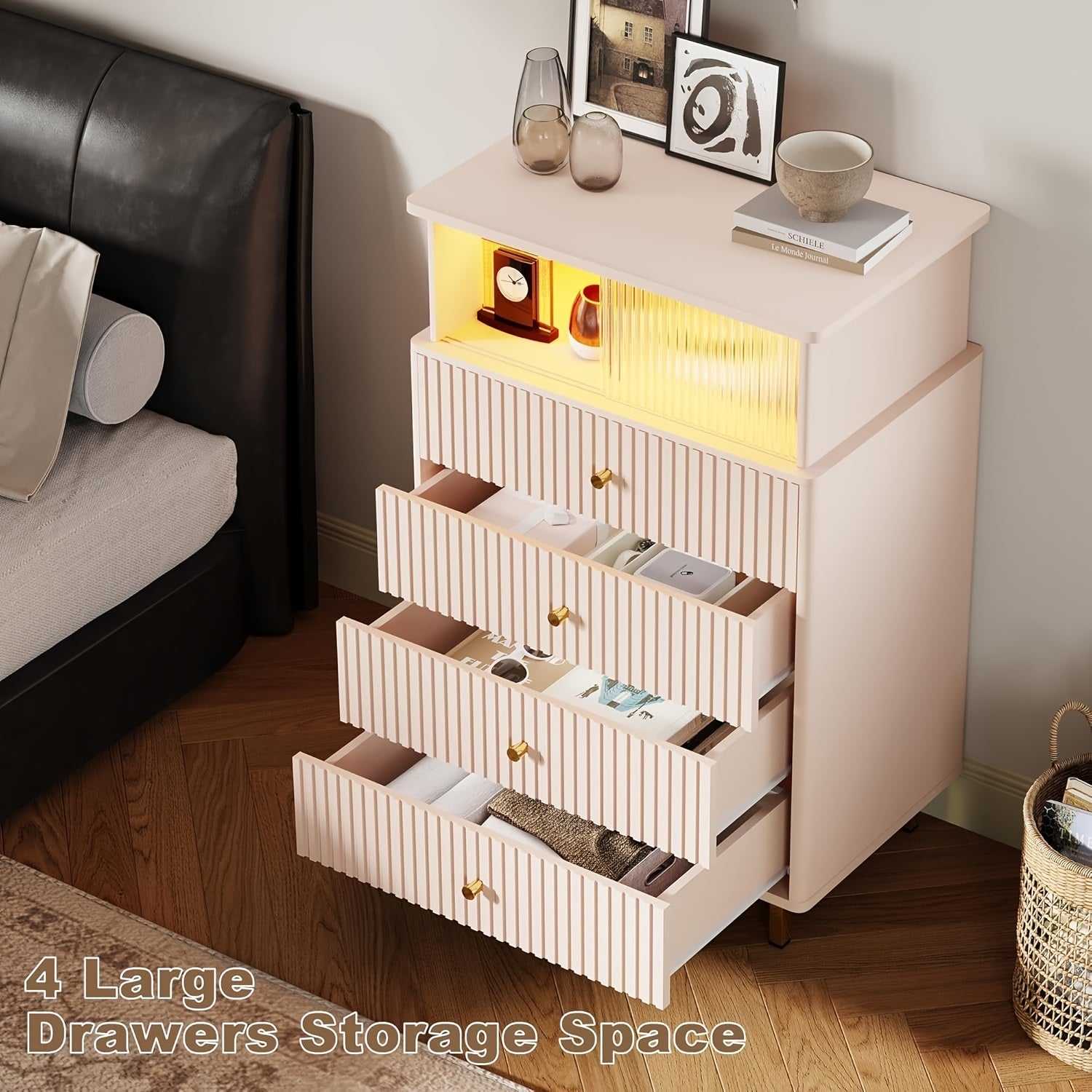 Modern White & Golden 4-Drawer Dresser with LED Lighting - Large Capacity Acrylic Accents for Bedroom Living Room