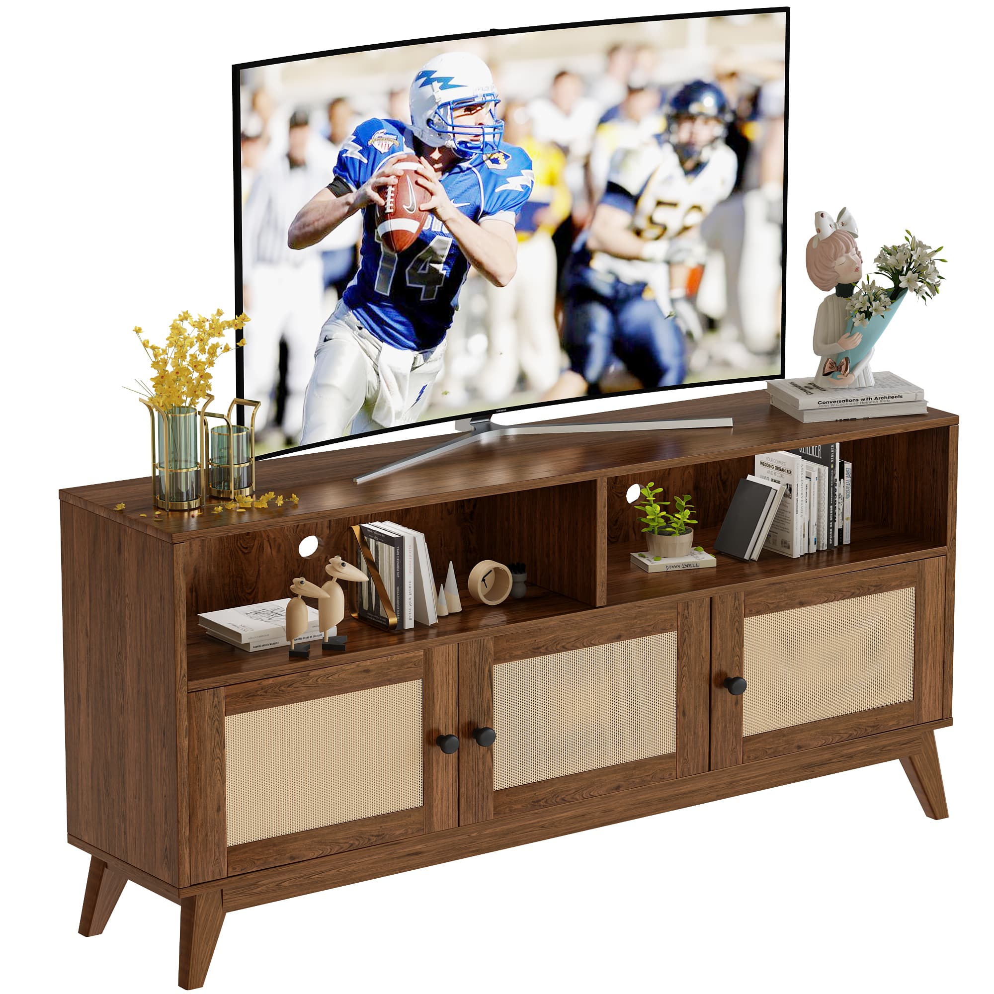 TV Stand for 65 Inch TV, Mid Century Modern TV Stand with 3 Boho Rattan Storage Cabinets and 2 Open Shelves, Entertainment Center, TV Stand Media Console for Bedroom, Living Room, Rustic Brown