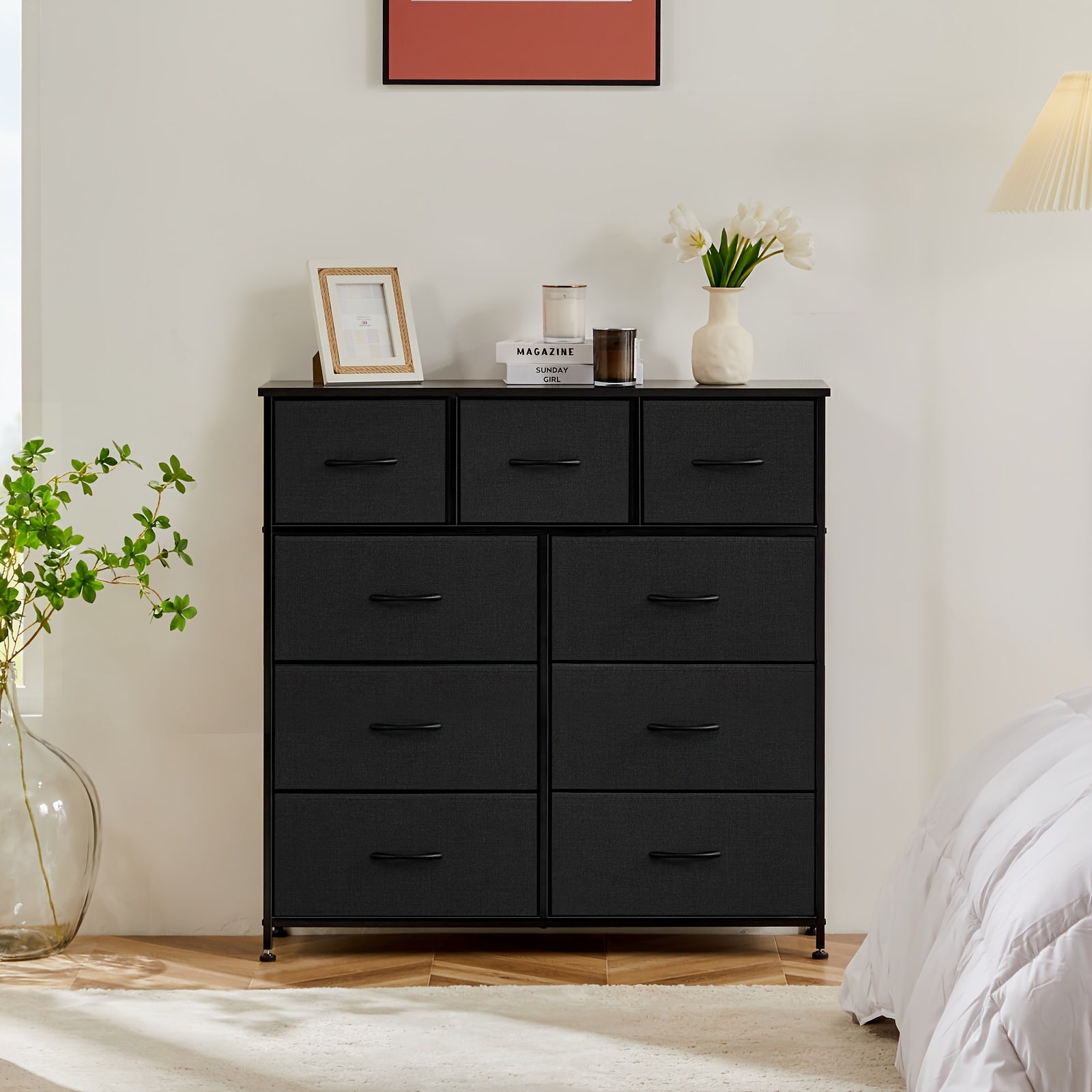 Dresser for Bedroom 9 Storage Drawers Tall Fabric Closet Chests Organizer Tower Furniture with Wooden Top Metal Frame