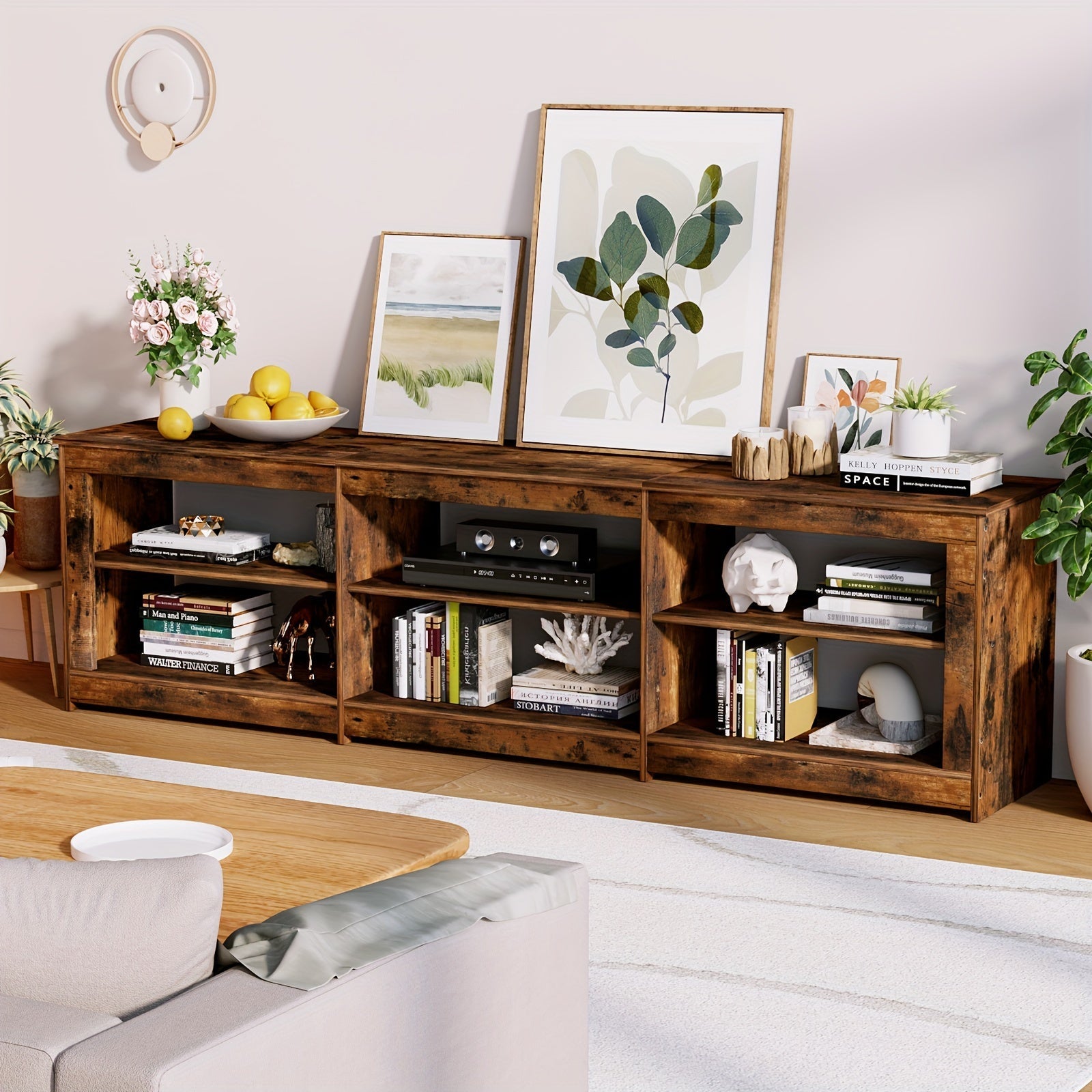 200cm Rustic TV Stand With Outlet & 6 Open Shelves - Rustic Brown - TV Stand Westberry Furniture