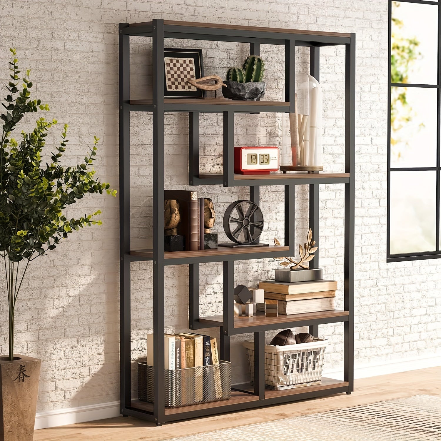 175cm Tall Bookshelf Staggered 6-Shelf Units Dark Walnut & Black Finish - INDUSTRIAL - Bookshelf Westberry Furniture