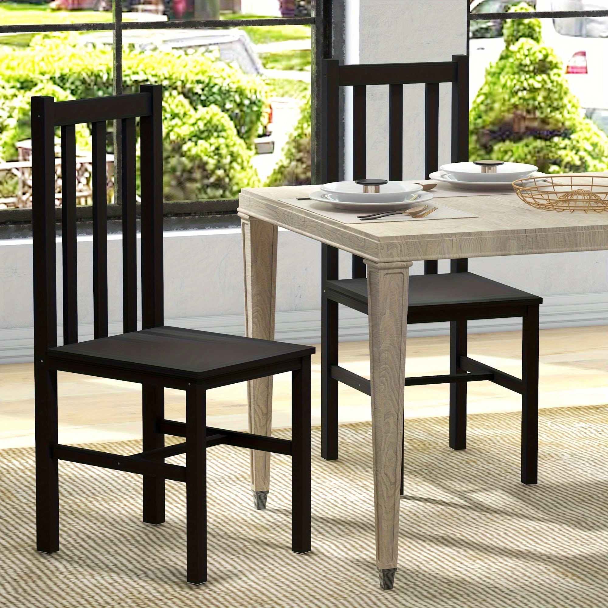 Farmhouse Dining Chairs, Set of 2 - Black Pine Wood Slat Back Seating for Kitchen & Dining Room