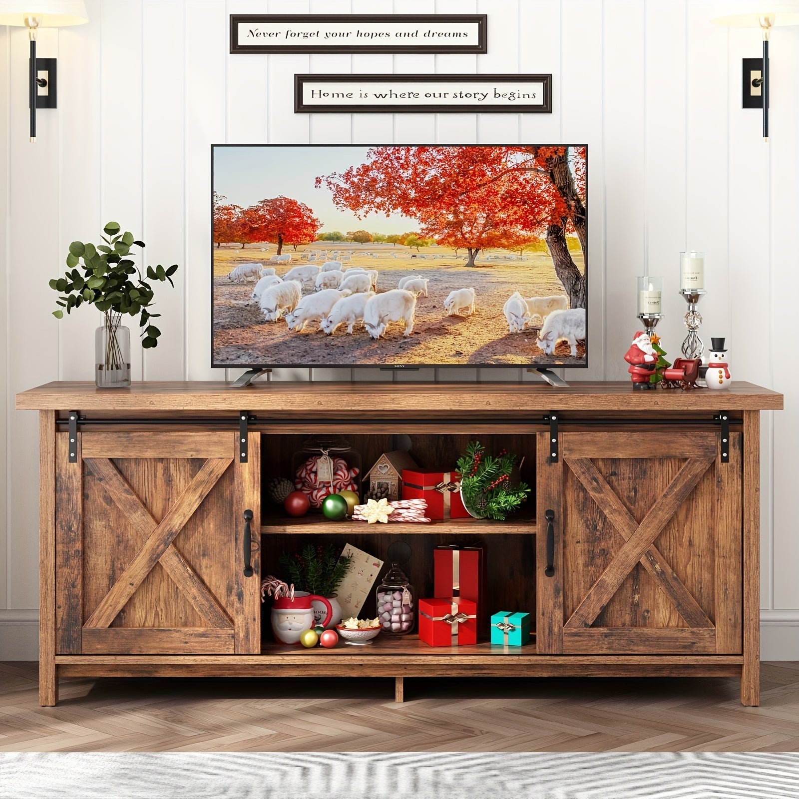 58'' Rustic Wooden Entertainment Center W/Adjustable Storage Shelves, Sliding Barn Door, Mid Century TV Console Media Cabinet For Bedroom Living Room