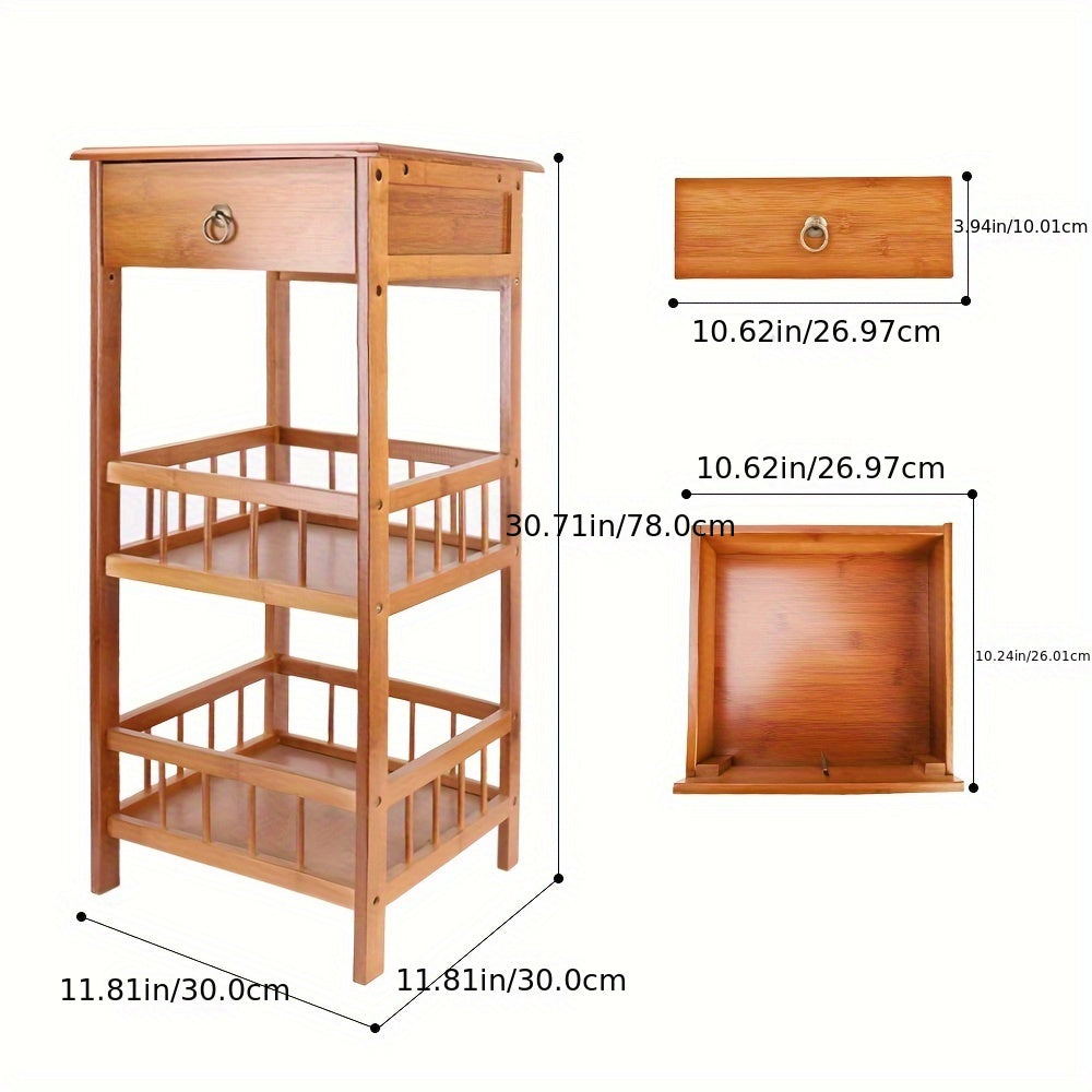 3-Tier Multifunctional Bamboo Bedside Table With Drawer Bedroom Couch Nightstand Plant Storage Shelf For Home