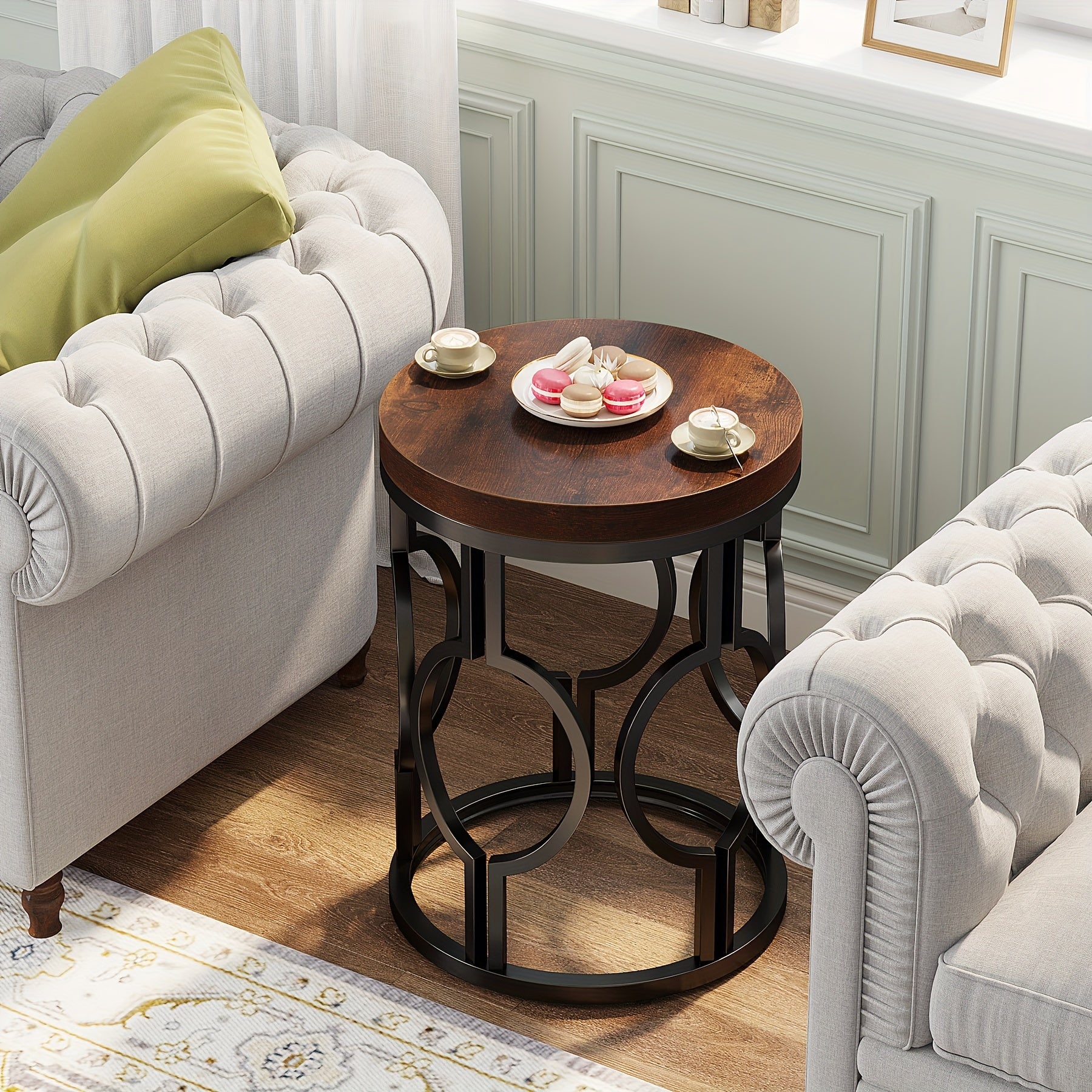 Round End Table Industrial SideTable With Metal Hollow Frame Small Bedside Table Nightstand For Living Room Bedroom