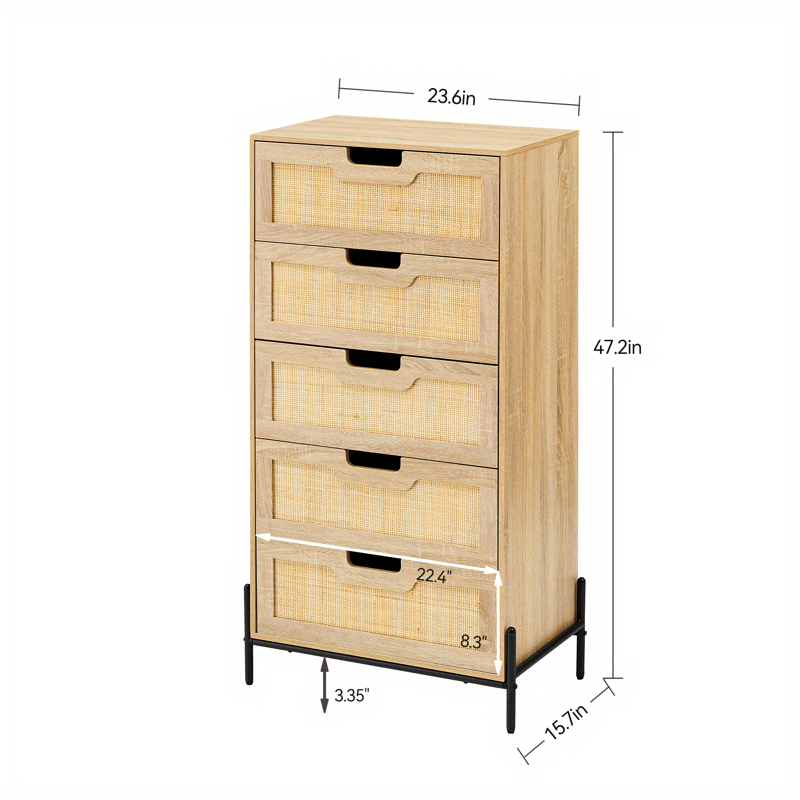 5 Drawers Dresser for Bedroom, Natural Rattan Drawer with Spacious Storage, Wood Chest of Drawers with Metal Legs for Bedroom, Living Room, Hallway, Entryway, Closet