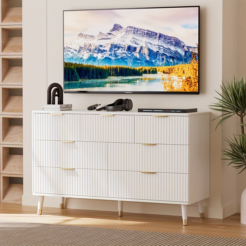 7 Drawer Dresser For Bedroom Elegant Dressers With Fluted Panel Storage Dresser With Golden Handles Modern Closet