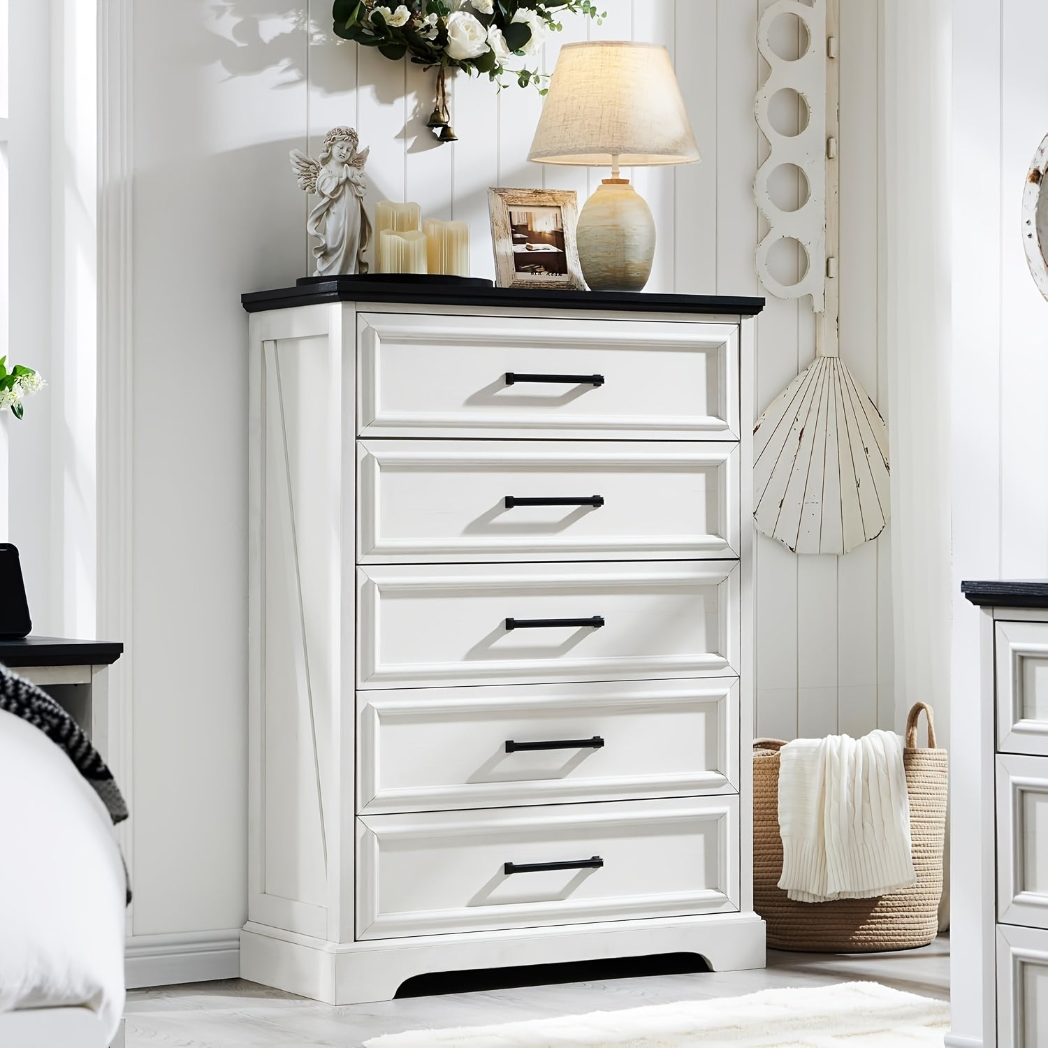 Rustic 5-Drawer Wooden Dresser Chest 117cm Tall with Wide Metal Handles Natural Texture Finish Ideal for Bedroom Living