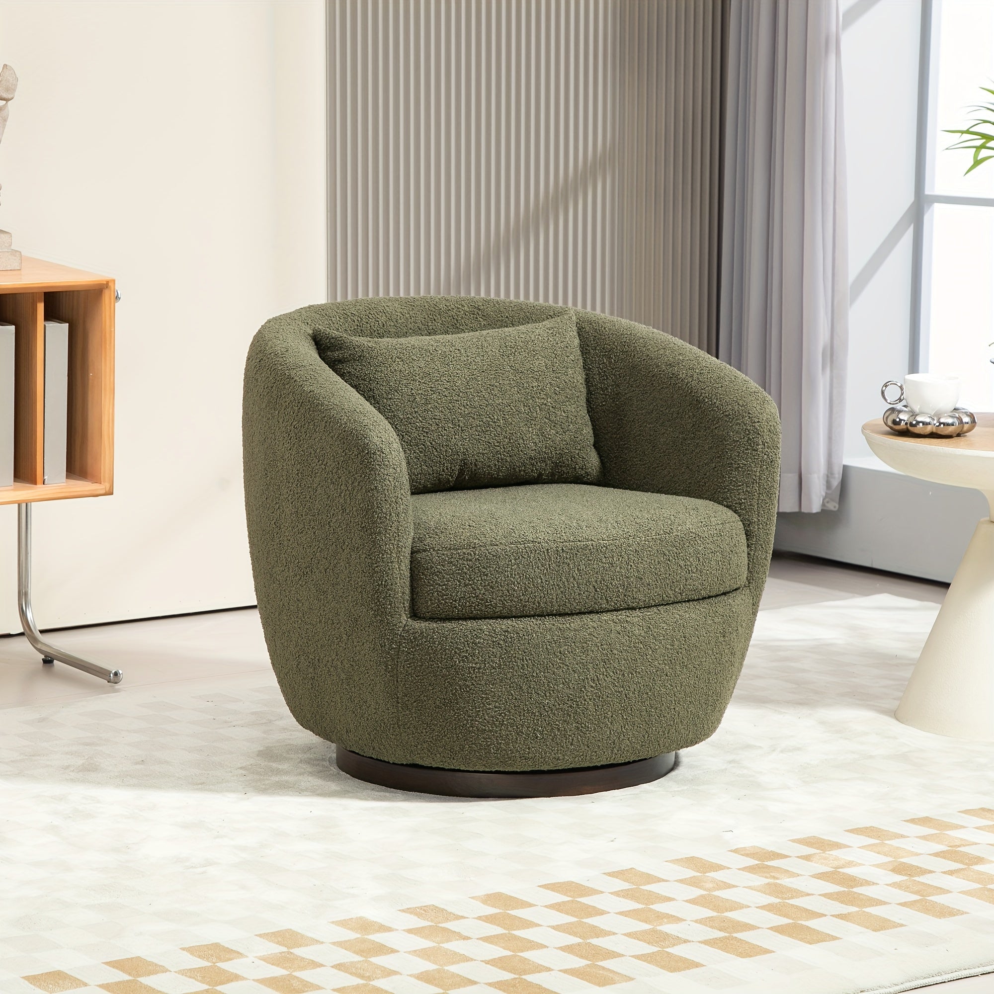 Upholstered Swivel Barrel Armchair With Storage Modern Living Room Side Chair For Bedroom/Office/Reading Spaces - Teddy Fabric Dark Green