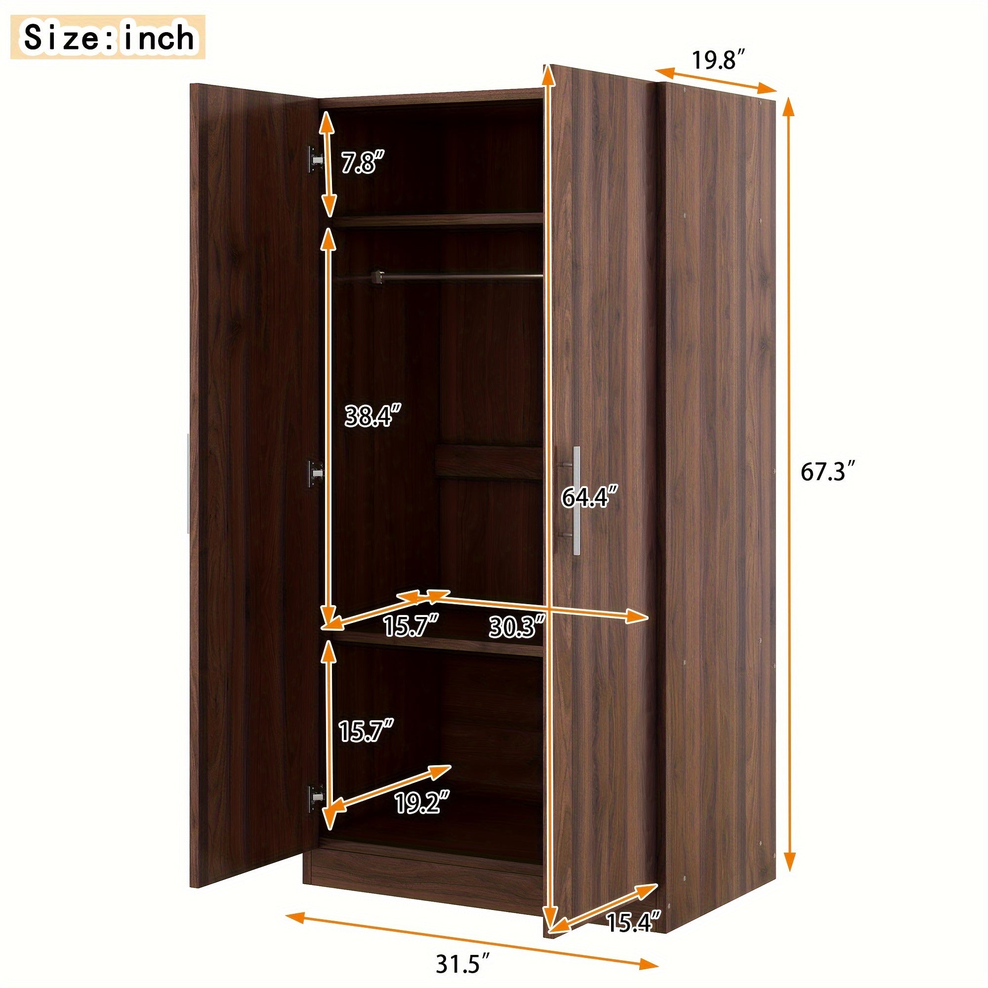 Double Door Solid Wood Wardrobe with 3 Storage Shelves, Sturdy and Practical, Brown