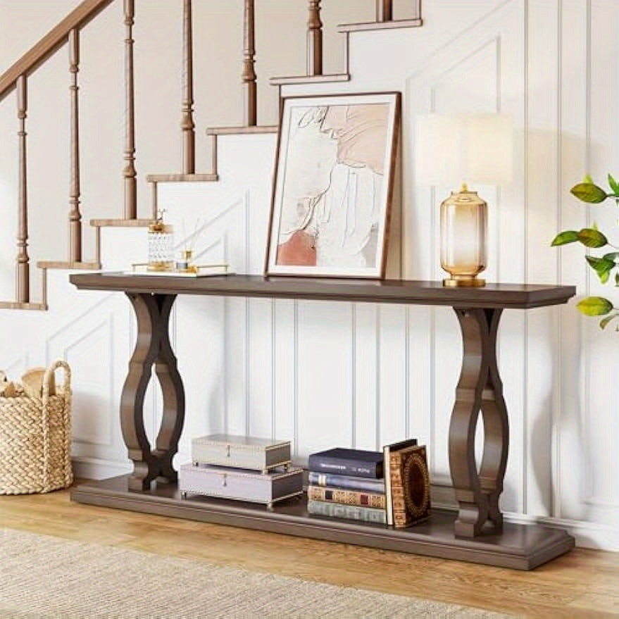 Extra Long Sofa Table Behind Couch, Wood Narrow 2-Tier Entry Console Table with Geometric Shape, Accent Entryway Table Open Storage Shelves, Hallway, Living Room