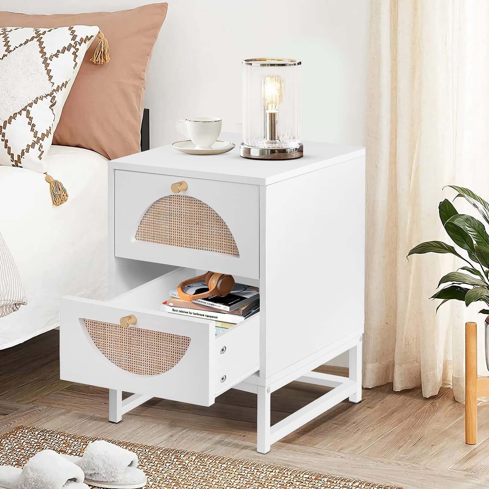 Modern Rattan Nightstand, Multi-Functional Side Table with Two Storage Drawers, Suitable for Living Room, Bedroom and Small Space Storage Table